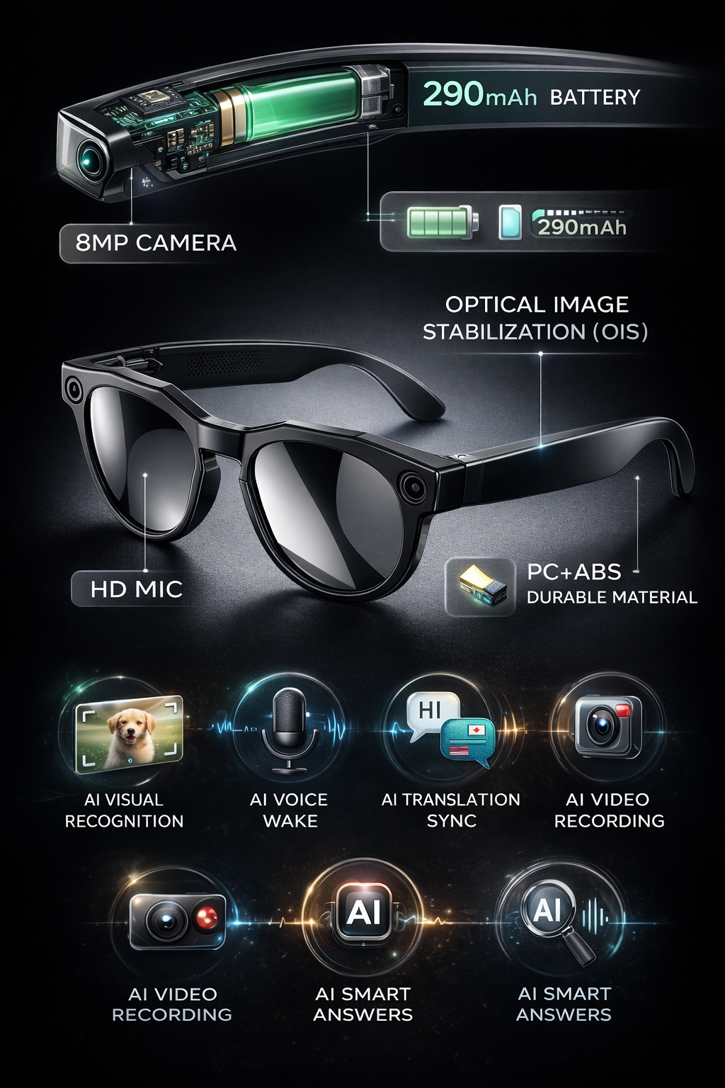 MorrisonAI New Gen AI Voice Control Smart Glasses 8MP HD POV Vlog Bluetooth Camera Glasses