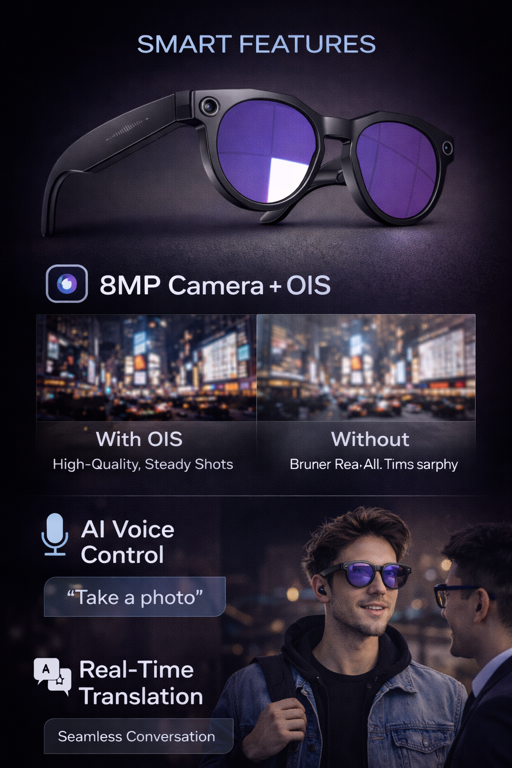 Morrison Portable Bluetooth HD POV AI Smart Glasses 8MP Camera Anti-Blue Light