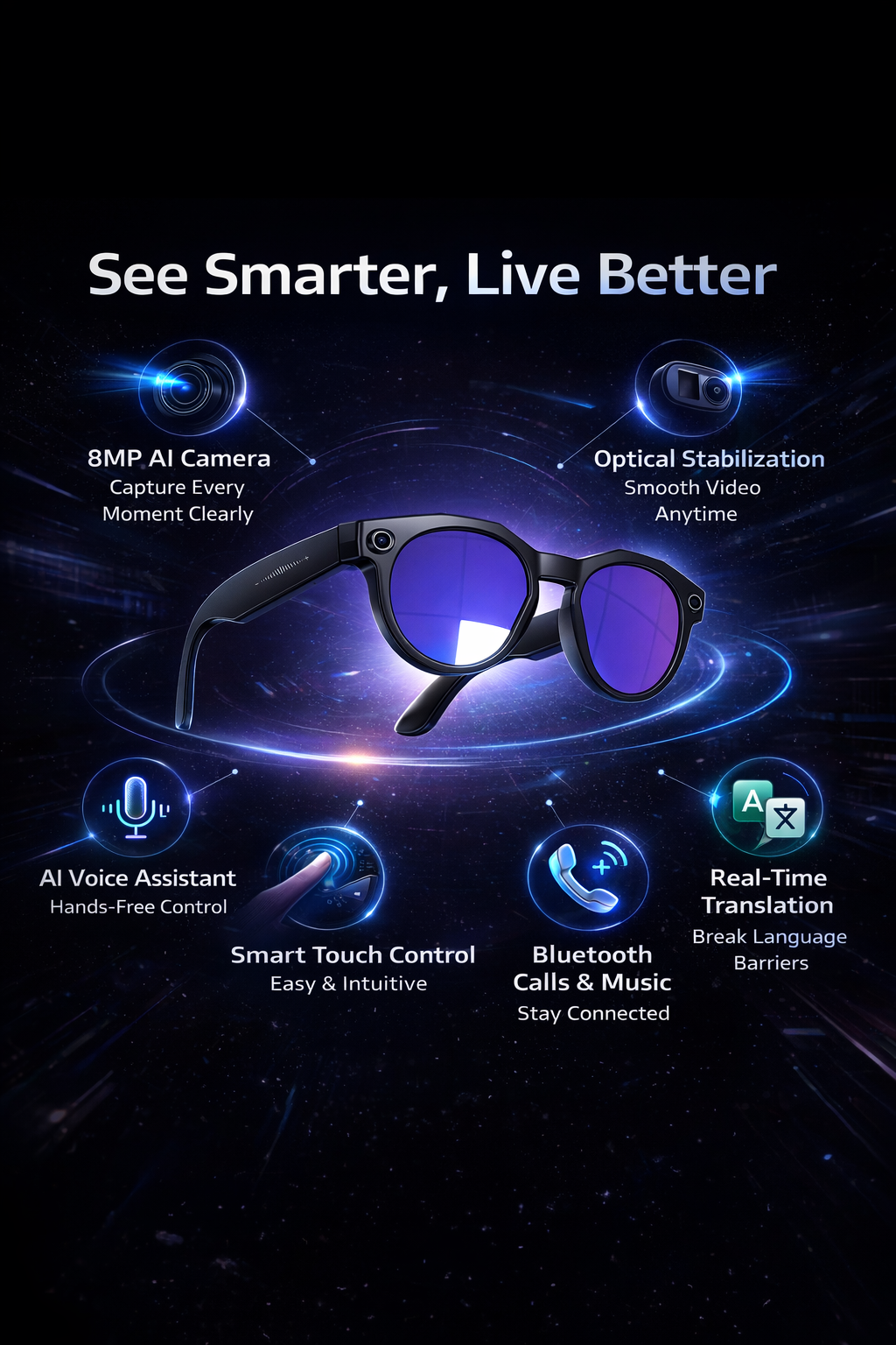 Morrison Portable Bluetooth HD POV AI Smart Glasses 8MP Camera Anti-Blue Light
