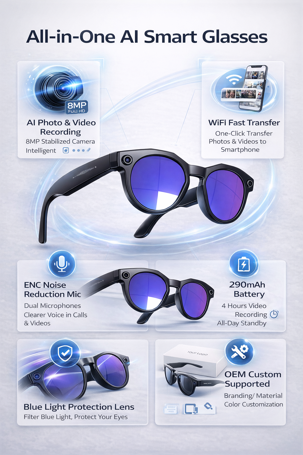 Morrison Portable Bluetooth HD POV AI Smart Glasses 8MP Camera Anti-Blue Light