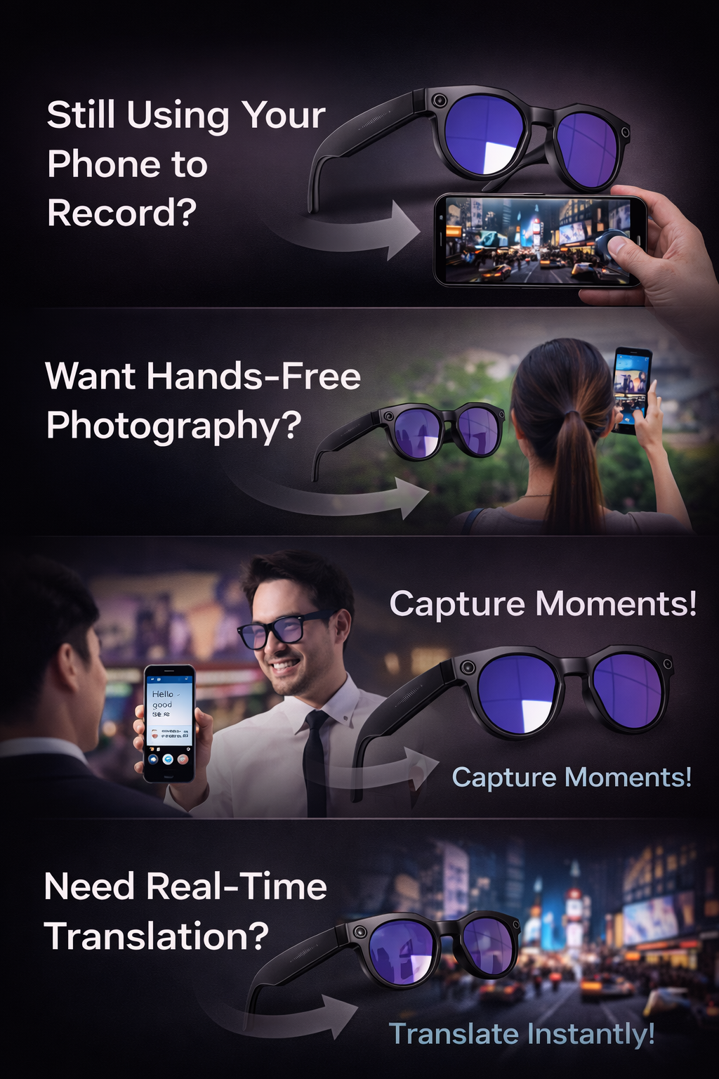 Morrison Portable Bluetooth HD POV AI Smart Glasses 8MP Camera Anti-Blue Light