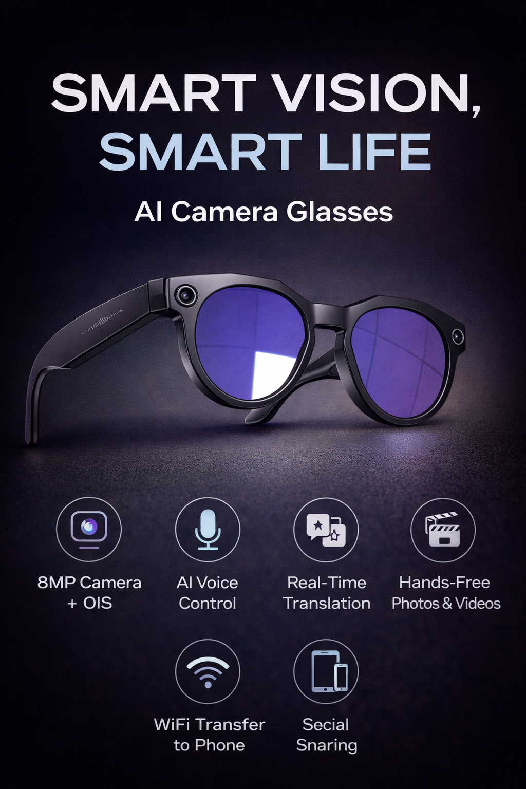 Morrison Portable Bluetooth HD POV AI Smart Glasses 8MP Camera Anti-Blue Light