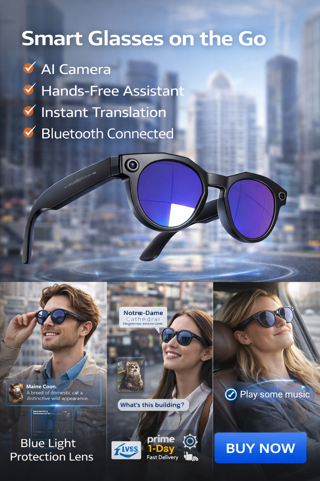 Morrison Portable Bluetooth HD POV AI Smart Glasses 8MP Camera Anti-Blue Light