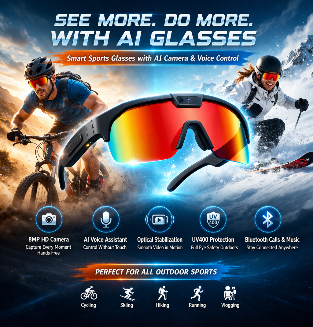 Morrison AI Smart Sports Glasses 8MP HD POV Camera Bluetooth Voice Control UV400 Cycling Skiing Sunglasses