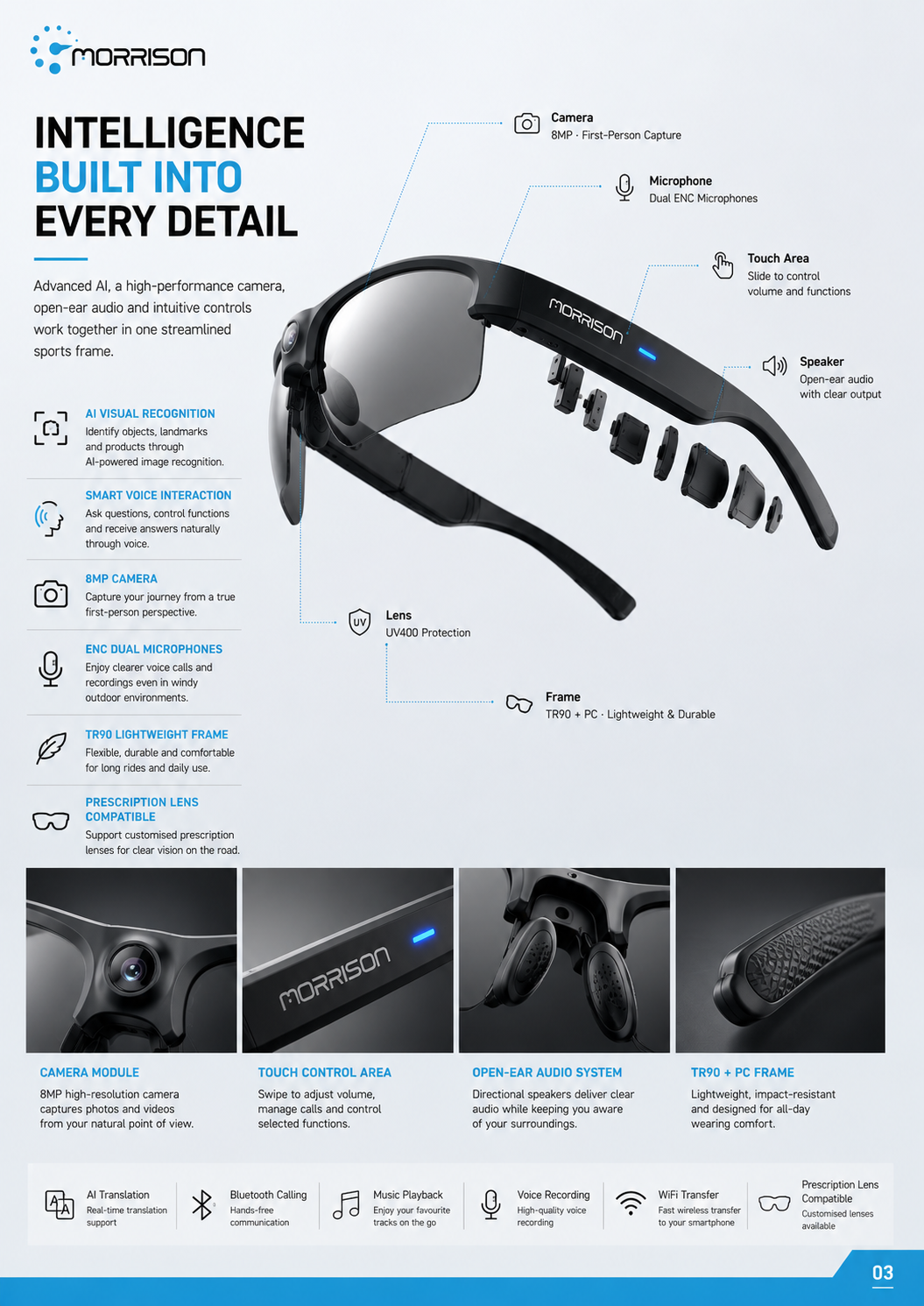 Morrison 8MP POV Shooting AI Smart Glasses with Stabilized Video, AI Translation and Bluetooth Audio