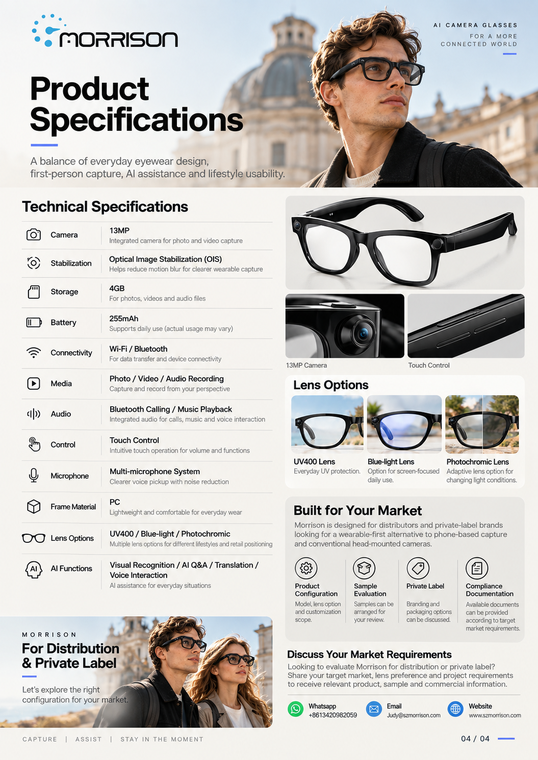 Morrison POV Shooting AI Smart Glasses with 13MP Camera, AI Translation & WiFi Transfer