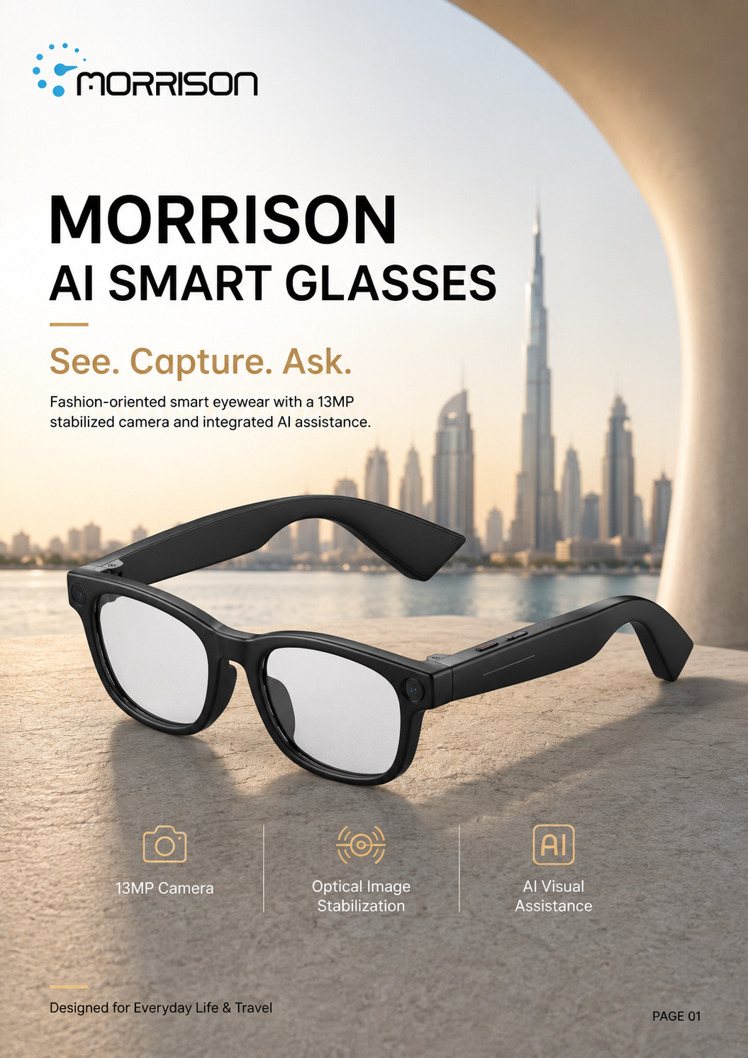Morrison 13MP OIS POV Shooting AI Smart Glasses with AI Translation, WiFi Transfer & ENC Calls