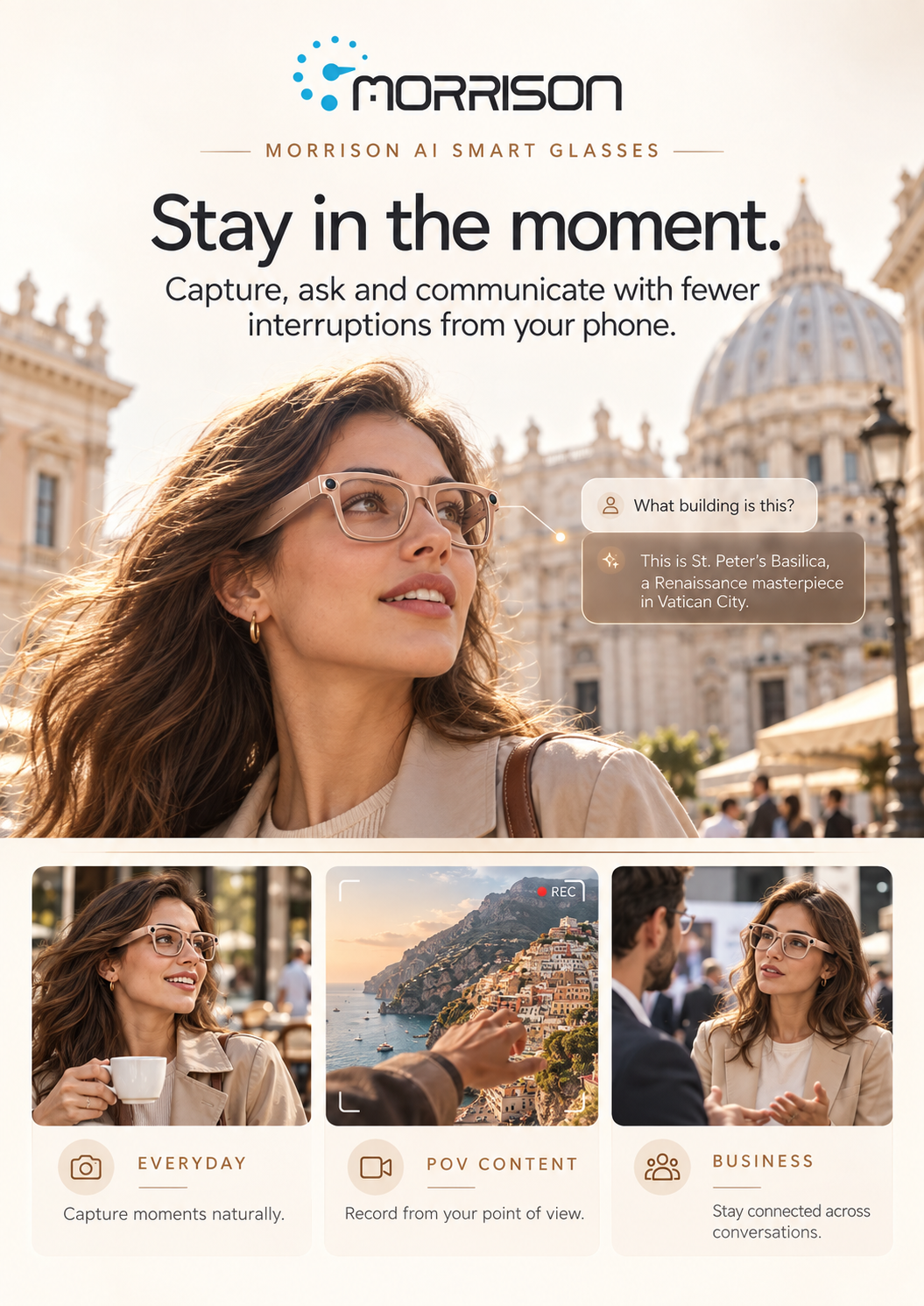 Morrison 13MP POV Shooting AI Smart Glasses with OIS, AI Translation, WiFi Transfer & 4GB Storage