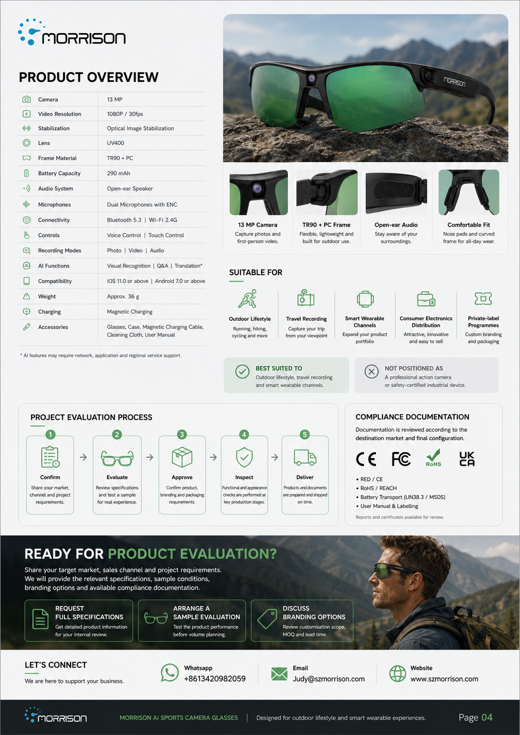 Morrison 13MP POV Shooting AI Smart Glasses with OIS, AI Translation and UV400 Lenses