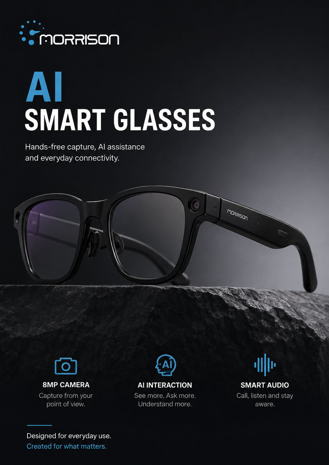 Morrison 8MP POV Shooting AI Smart Glasses with OIS, AI Translation and WiFi Transfer