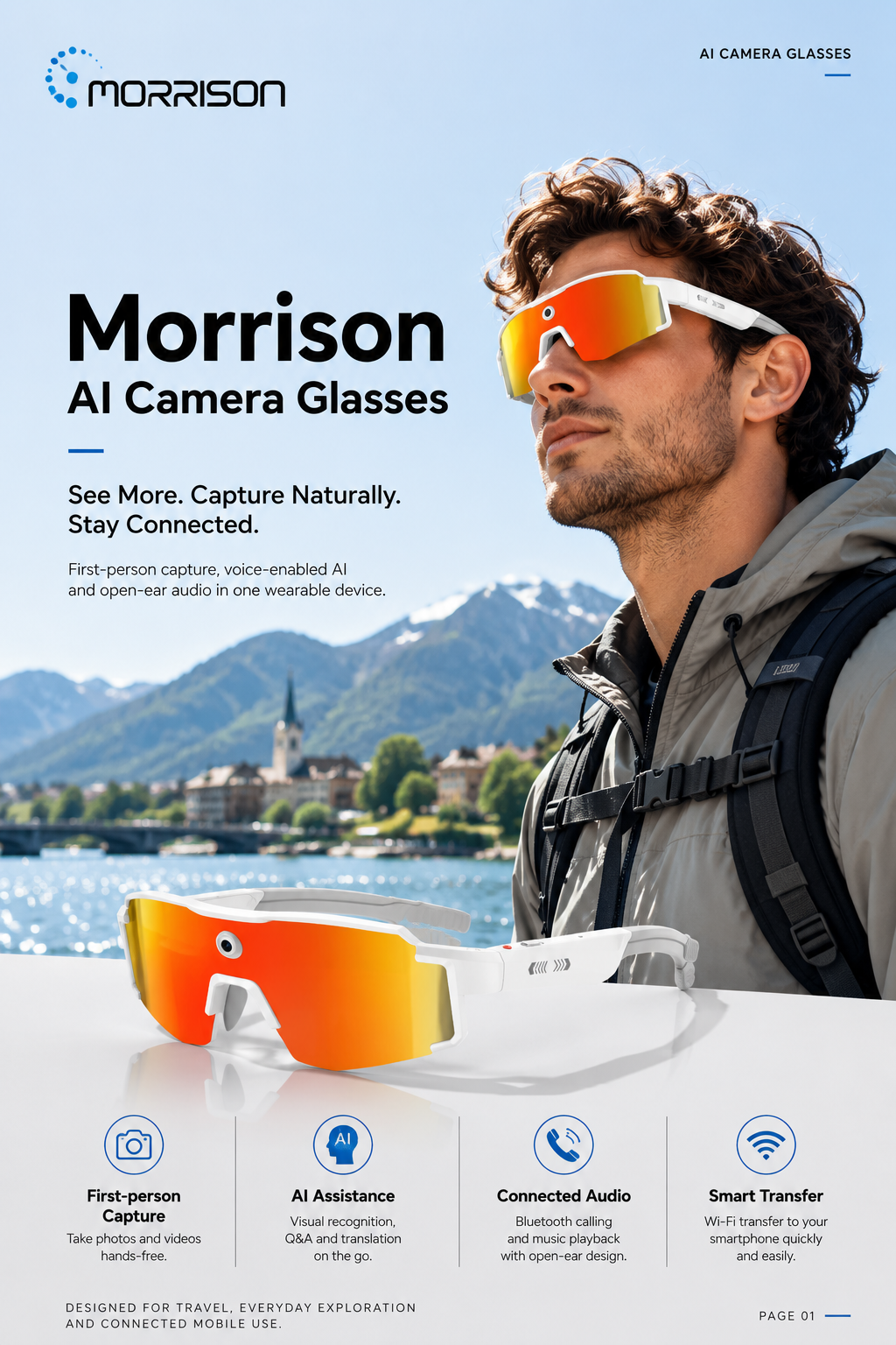 Morrison POV Shooting AI Smart Glasses with 8MP Camera, Optical Stabilization, AI Translation and Wi-Fi Transfer