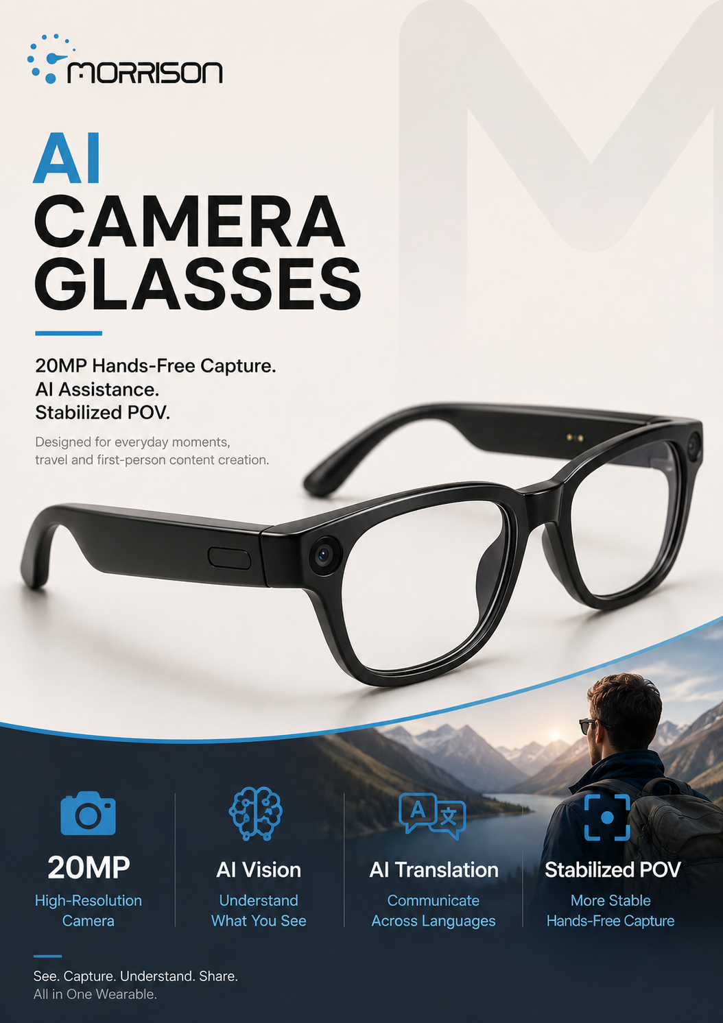 Morrison 20MP POV Shooting AI Smart Glasses with OIS, AI Translation & WiFi Transfer