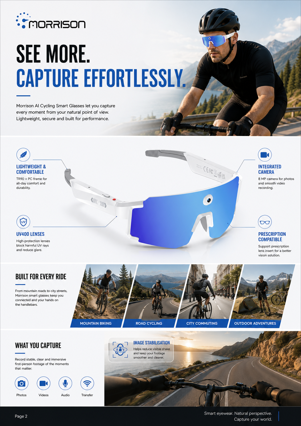 Morrison 8MP POV Shooting AI Smart Glasses for Cycling with Stabilization
