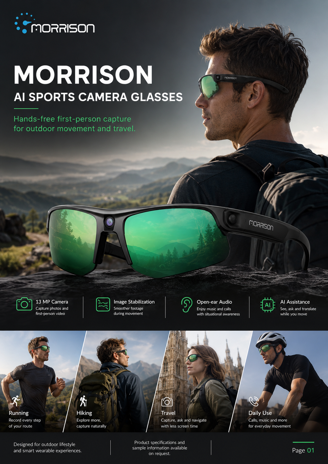 Morrison 13MP POV Shooting AI Smart Glasses with OIS, AI Translation and UV400 Lenses