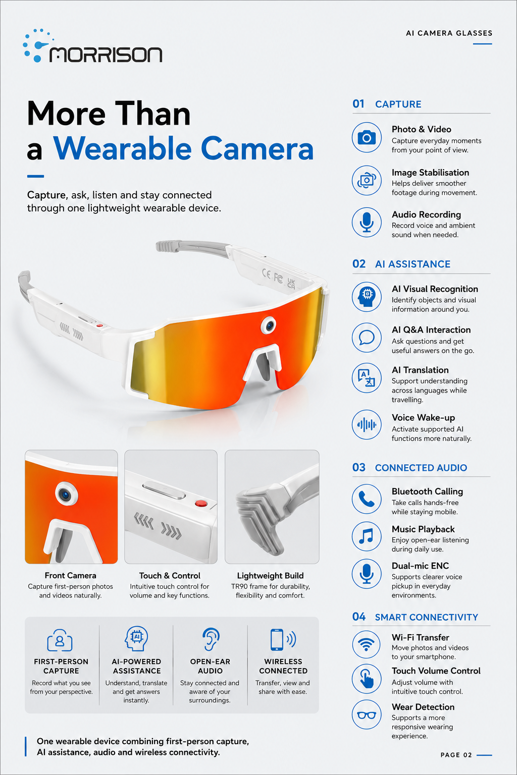Morrison POV Shooting AI Smart Glasses with 8MP Camera, Optical Stabilization, AI Translation and Wi-Fi Transfer