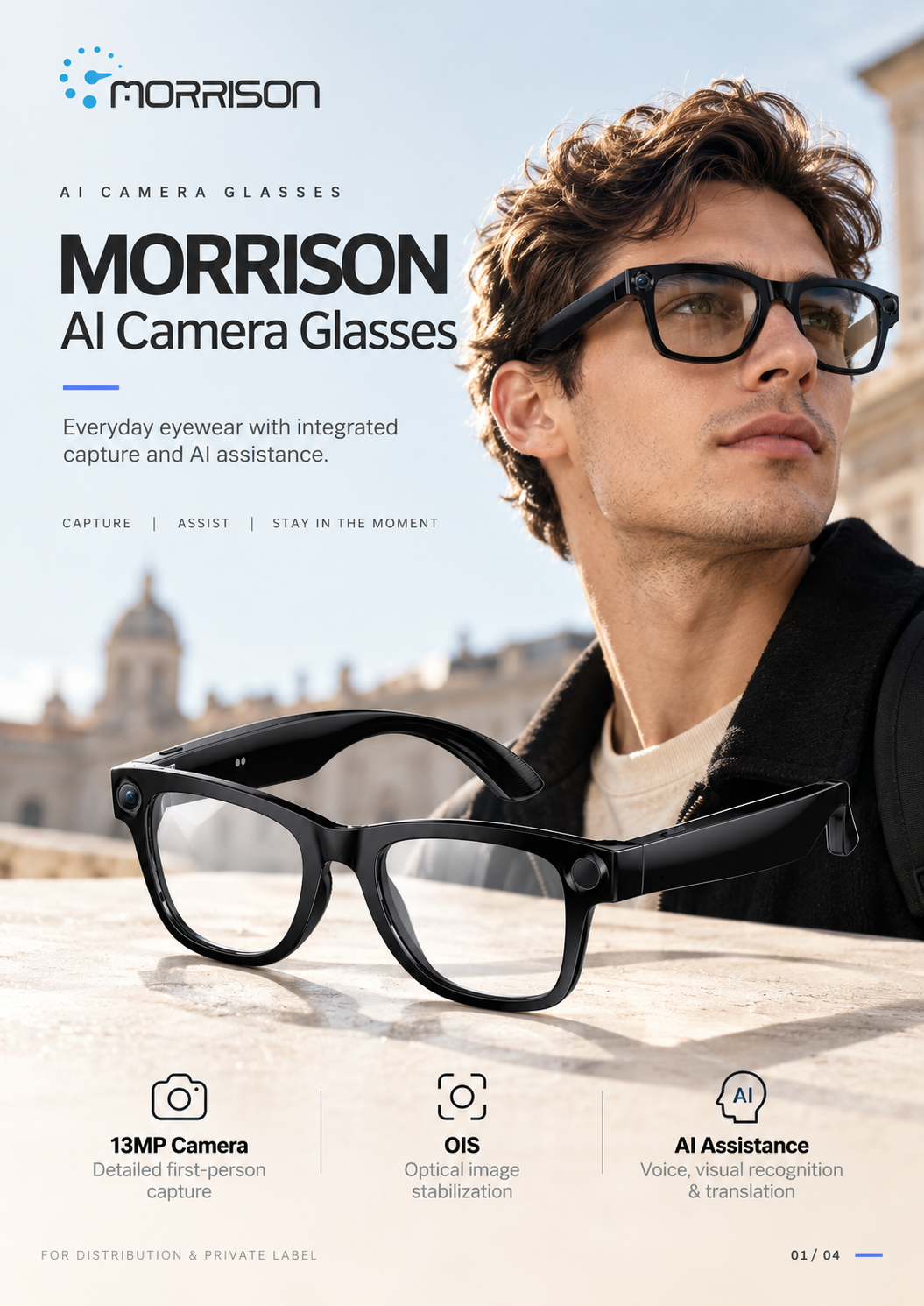Morrison POV Shooting AI Smart Glasses with 13MP Camera, AI Translation & WiFi Transfer