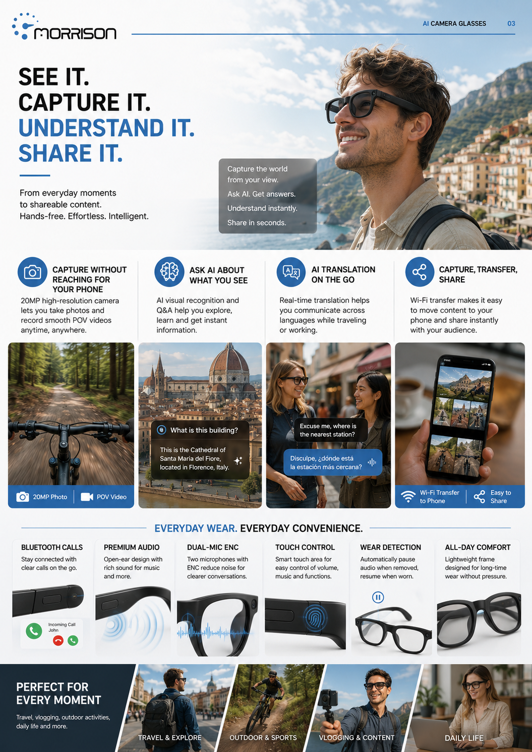 Morrison 20MP POV Shooting AI Smart Glasses with OIS, AI Translation & WiFi Transfer