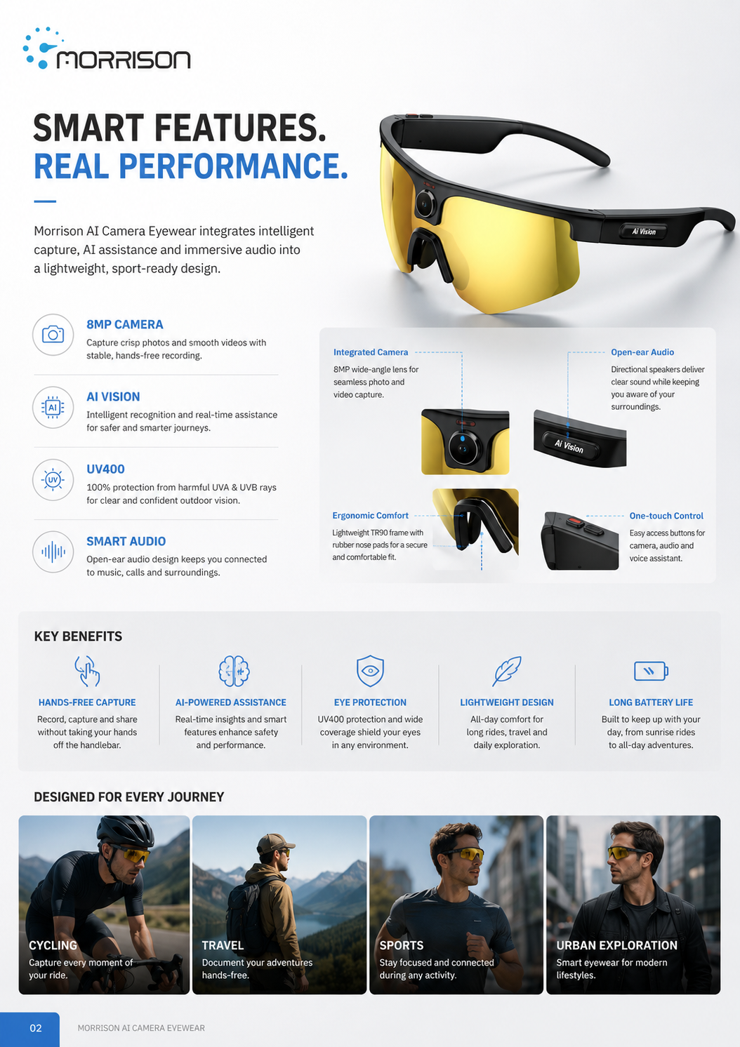 Morrison AI Outdoor Cycling Smart Glasses with 8MP POV Camera, AI Voice, Translation & WiFi Transfer