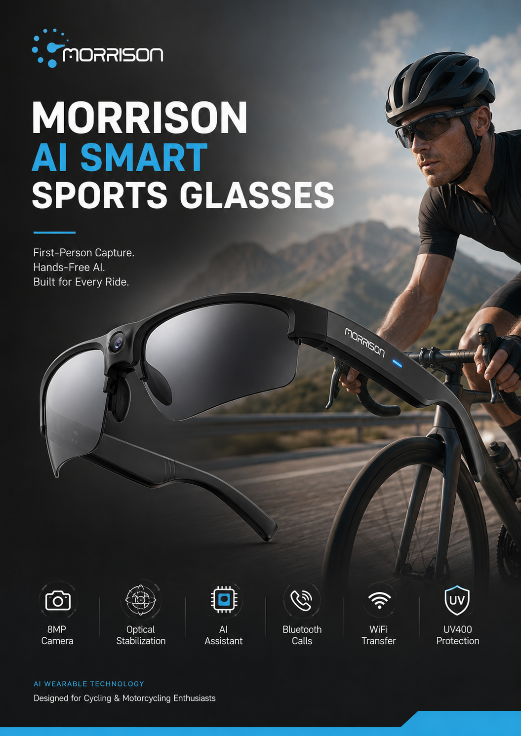 Morrison 8MP POV Shooting AI Smart Glasses with Stabilized Video, AI Translation and Bluetooth Audio