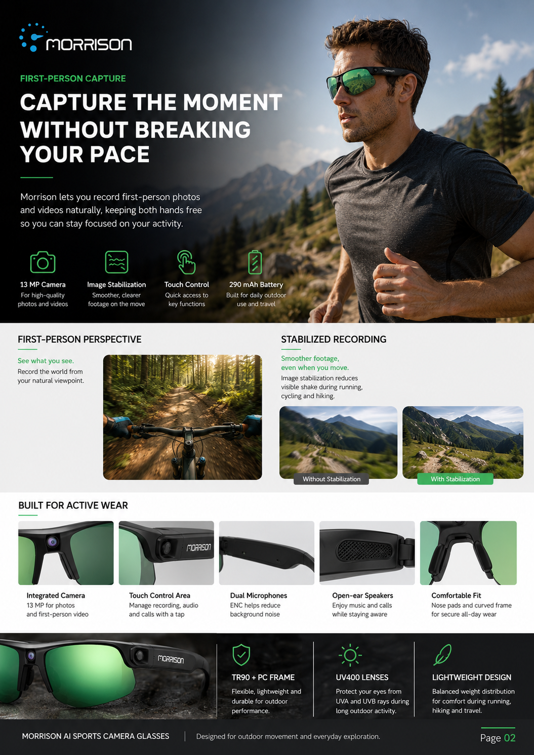 Morrison 13MP POV Shooting AI Smart Glasses with OIS, AI Translation and UV400 Lenses