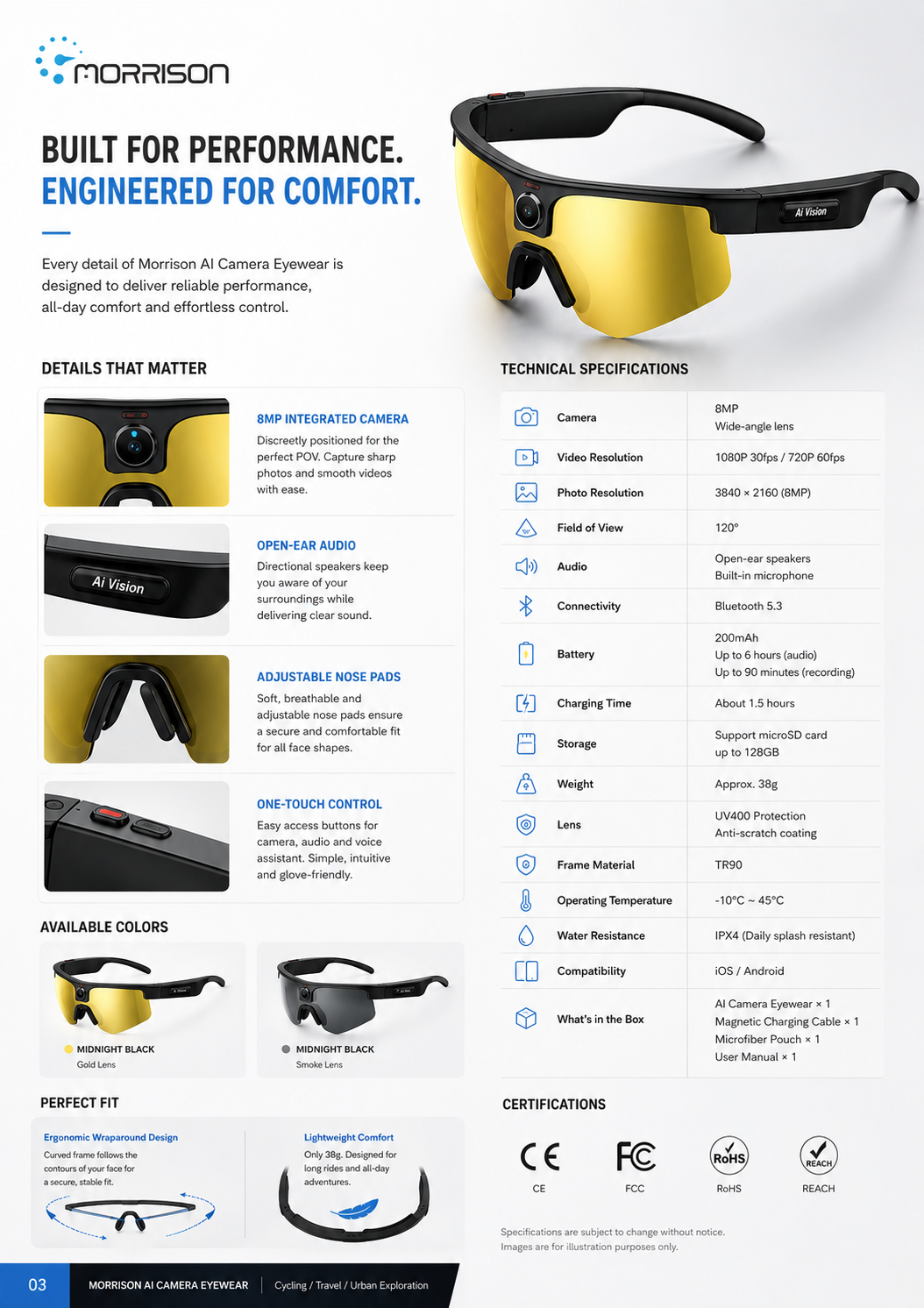 Morrison AI Outdoor Cycling Smart Glasses with 8MP POV Camera, AI Voice, Translation & WiFi Transfer