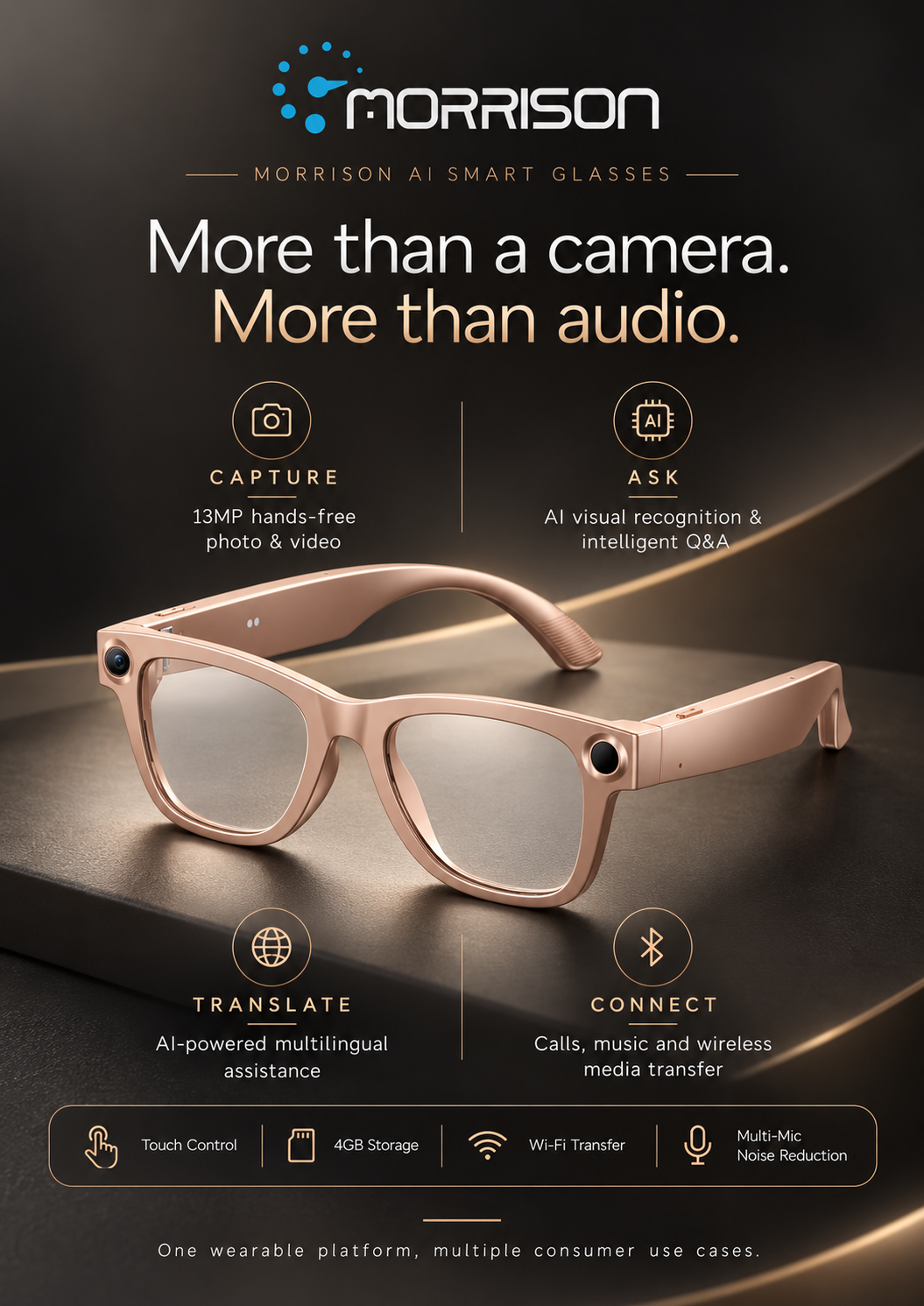 Morrison 13MP POV Shooting AI Smart Glasses with OIS, AI Translation, WiFi Transfer & 4GB Storage