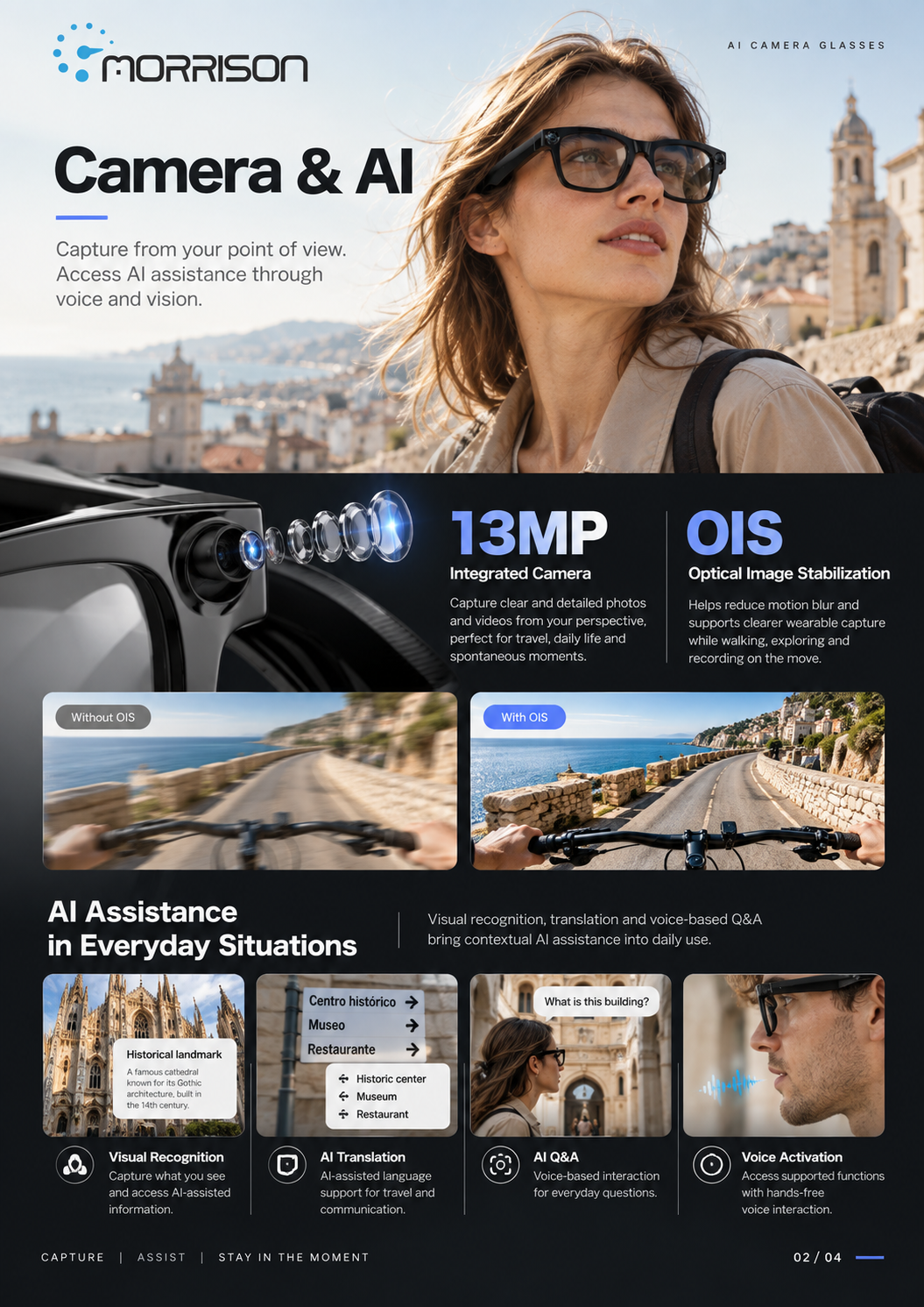 Morrison POV Shooting AI Smart Glasses with 13MP Camera, AI Translation & WiFi Transfer
