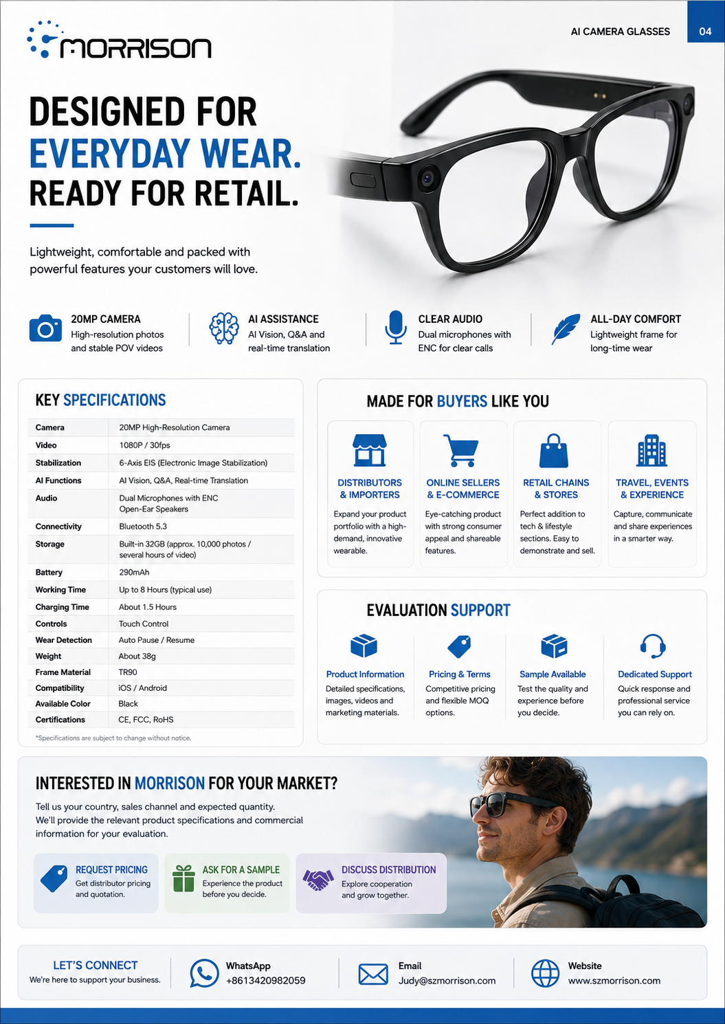 Morrison 20MP POV Shooting AI Smart Glasses with OIS, AI Translation & WiFi Transfer