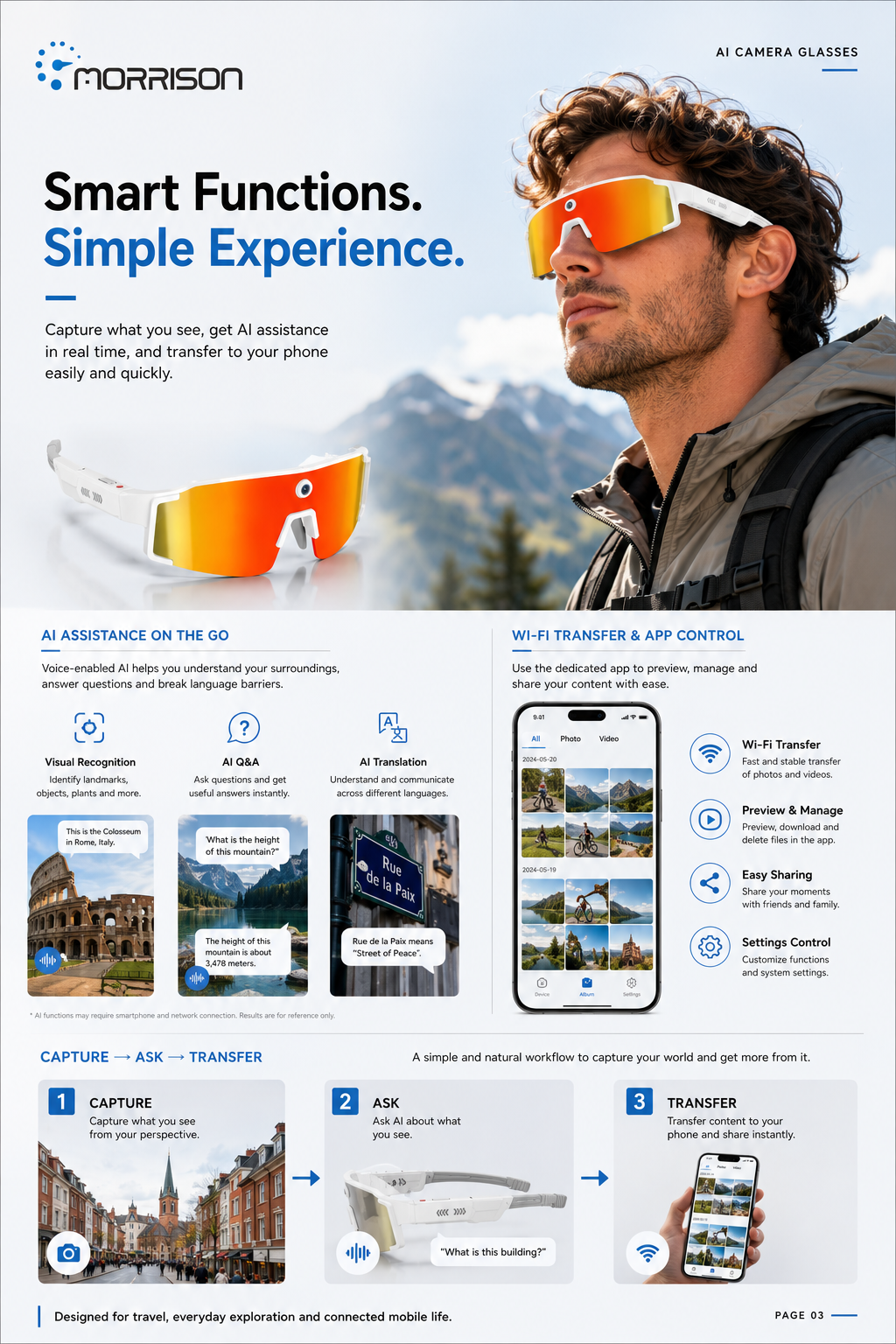 Morrison POV Shooting AI Smart Glasses with 8MP Camera, Optical Stabilization, AI Translation and Wi-Fi Transfer