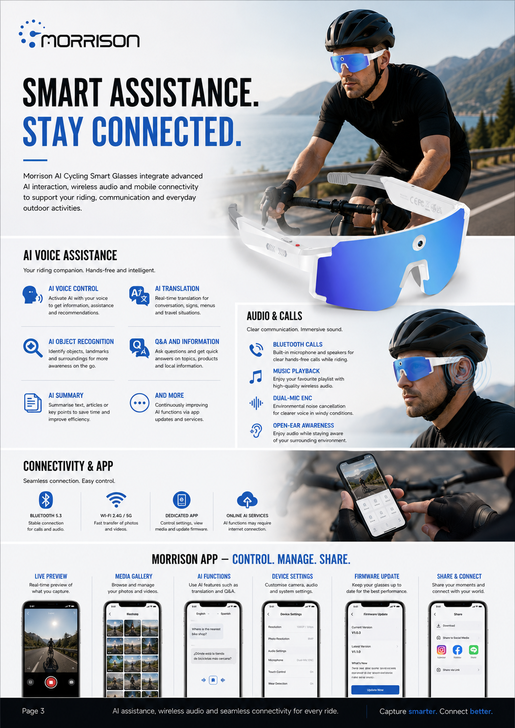 Morrison 8MP POV Shooting AI Smart Glasses for Cycling with Stabilization