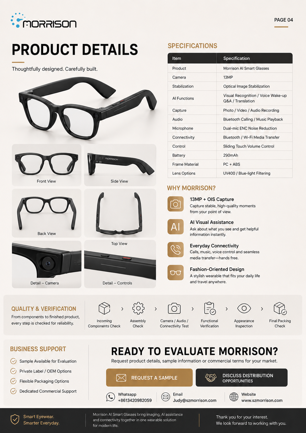 Morrison 13MP OIS POV Shooting AI Smart Glasses with AI Translation, WiFi Transfer & ENC Calls
