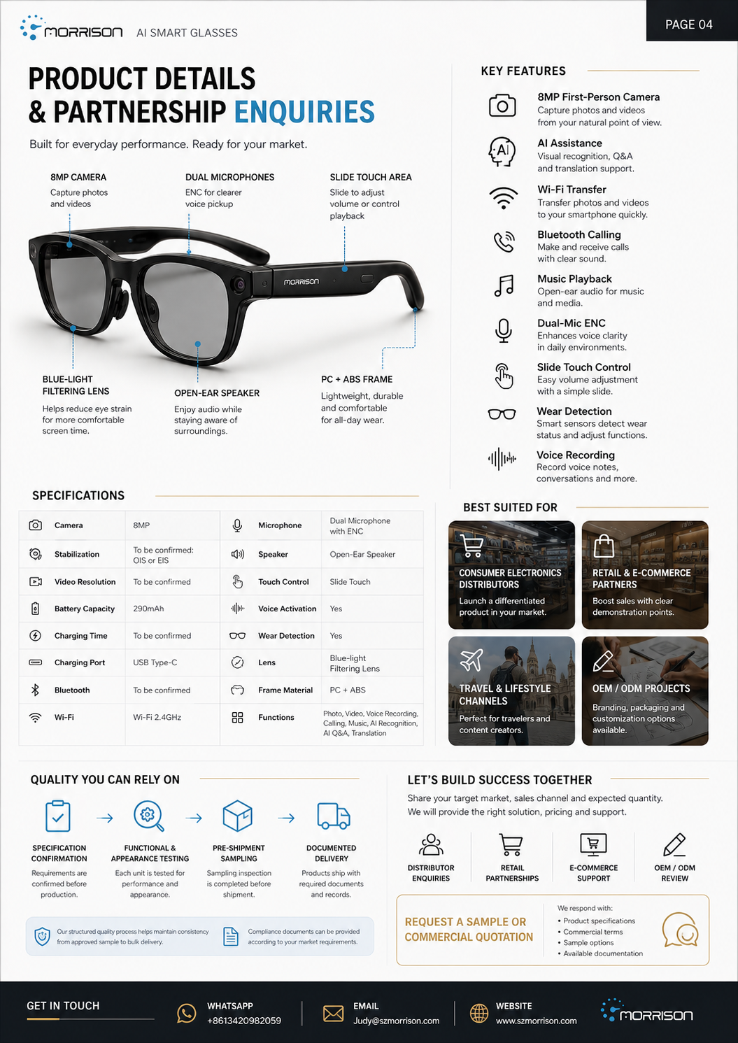 Morrison 8MP POV Shooting AI Smart Glasses with OIS, AI Translation and WiFi Transfer