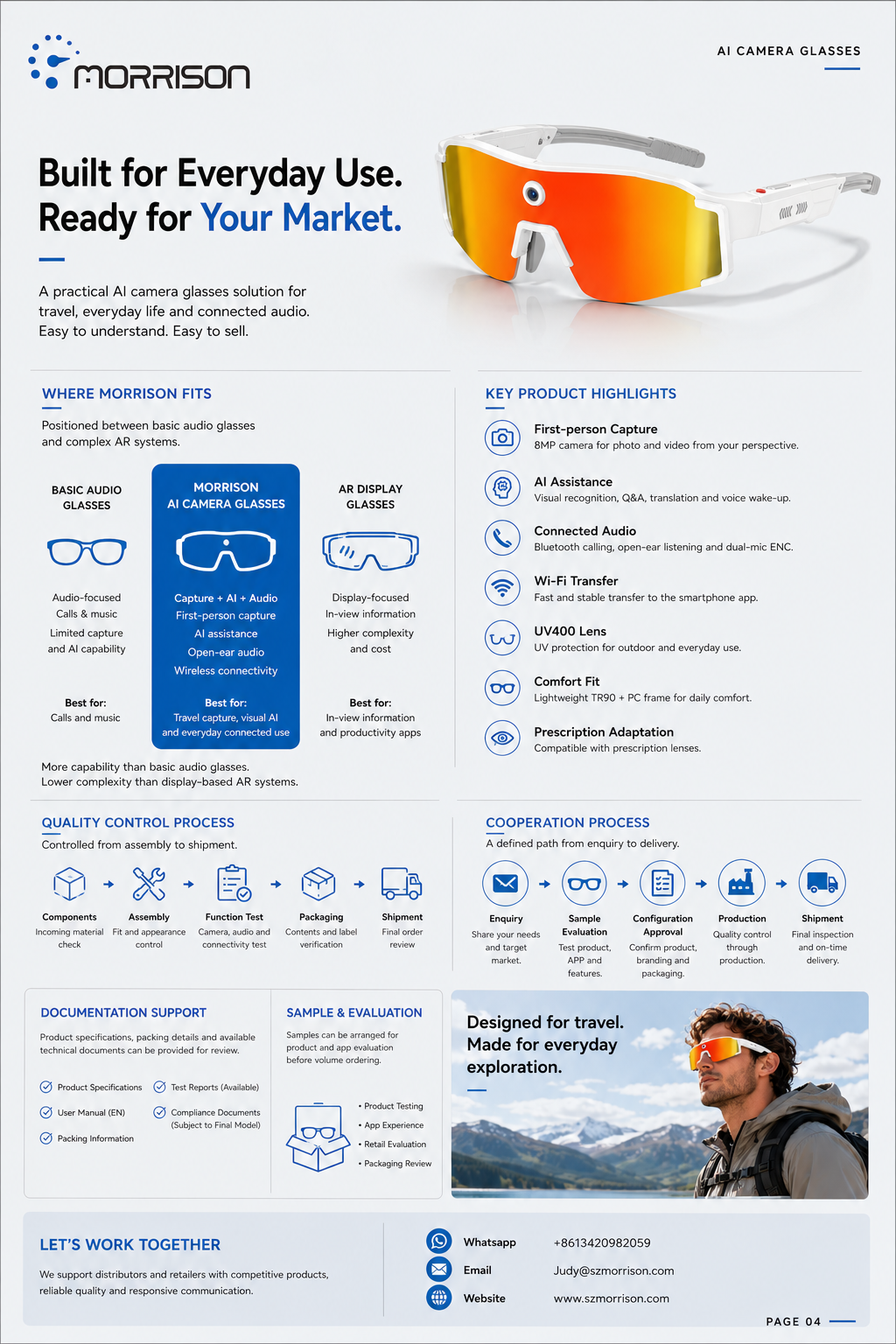 Morrison POV Shooting AI Smart Glasses with 8MP Camera, Optical Stabilization, AI Translation and Wi-Fi Transfer