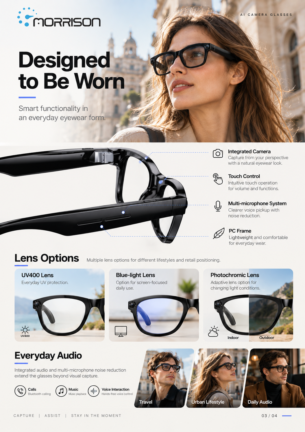 Morrison POV Shooting AI Smart Glasses with 13MP Camera, AI Translation & WiFi Transfer