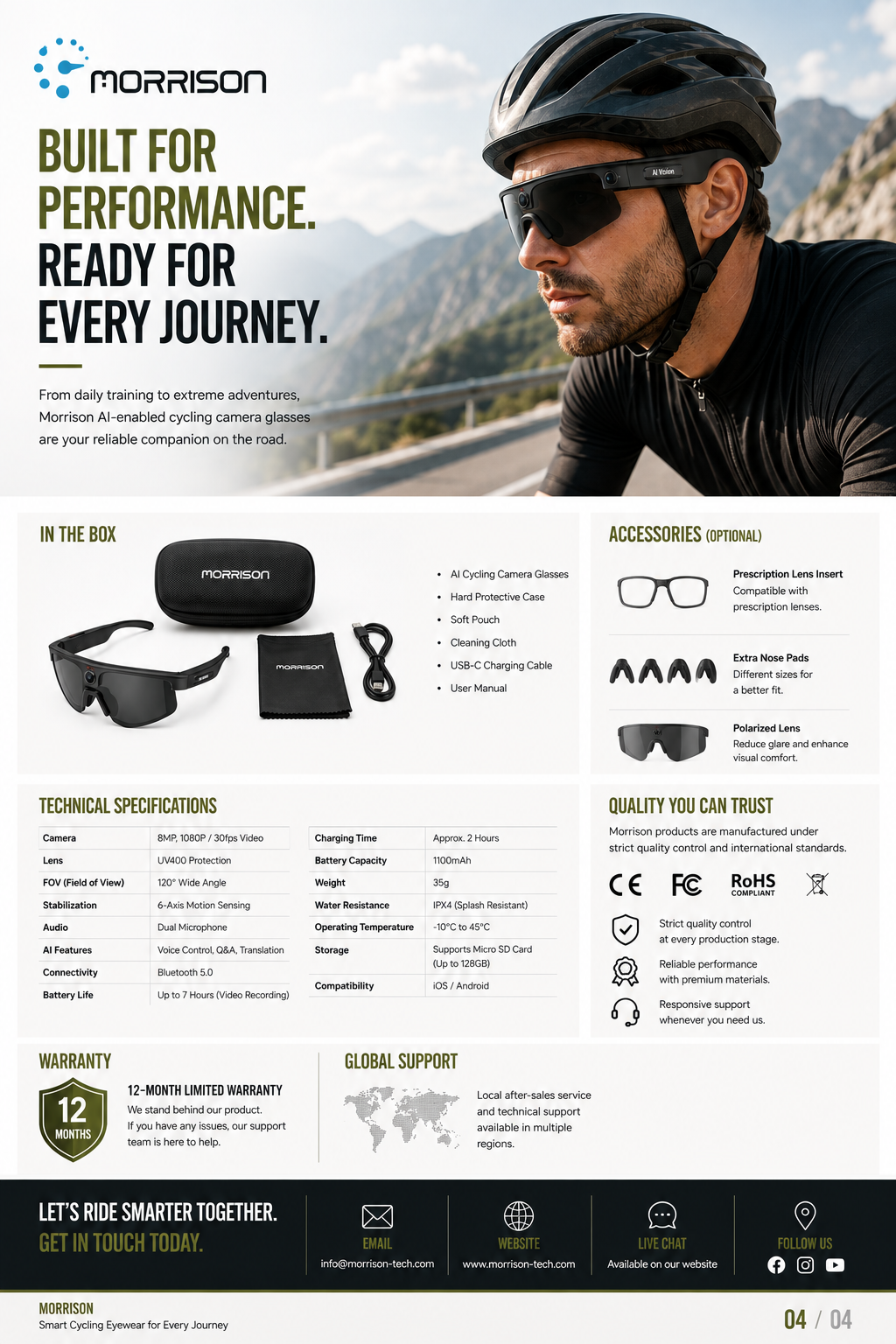 Morrison AI POV Shooting Smart Glasses with 8MP Camera, AI Translation, Wi-Fi Transfer & ENC Calls