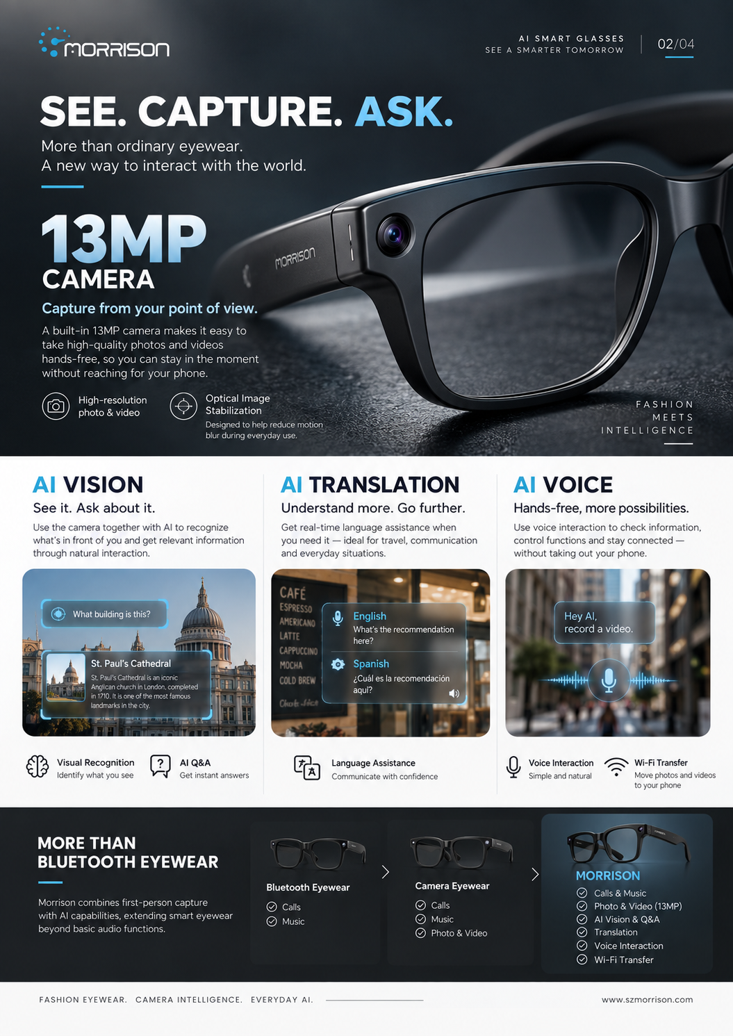 Morrison POV Shooting AI Smart Glasses 13MP Camera with OIS, AI Translation, WiFi Transfer & ENC Calls