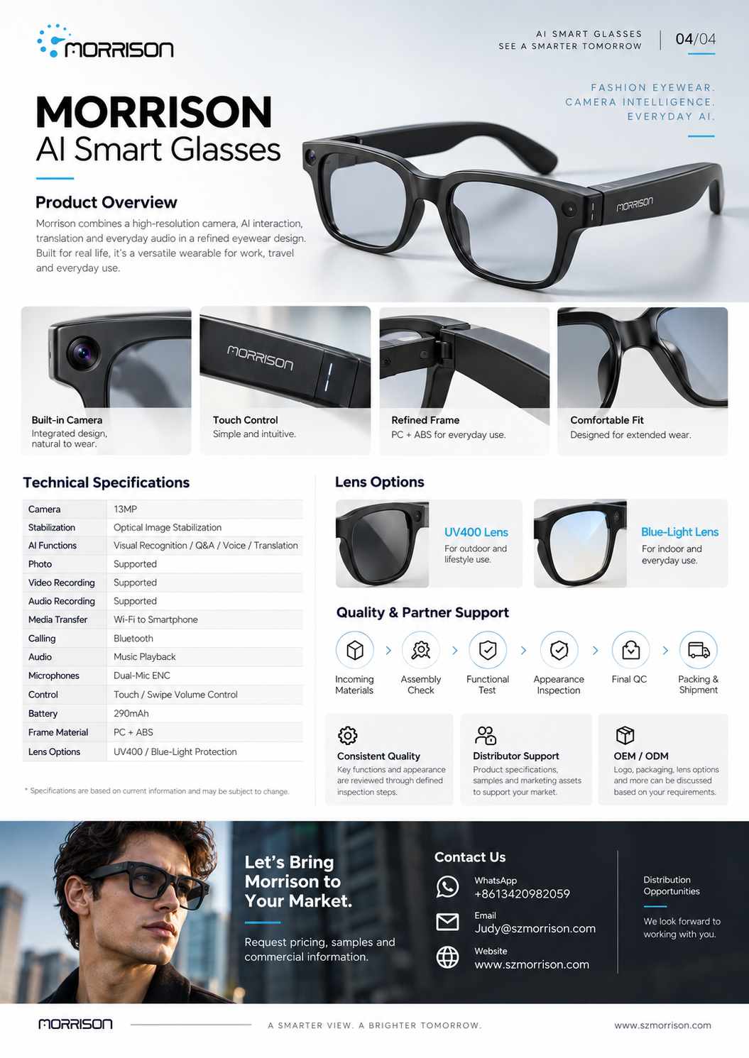 Morrison POV Shooting AI Smart Glasses 13MP Camera with OIS, AI Translation, WiFi Transfer & ENC Calls