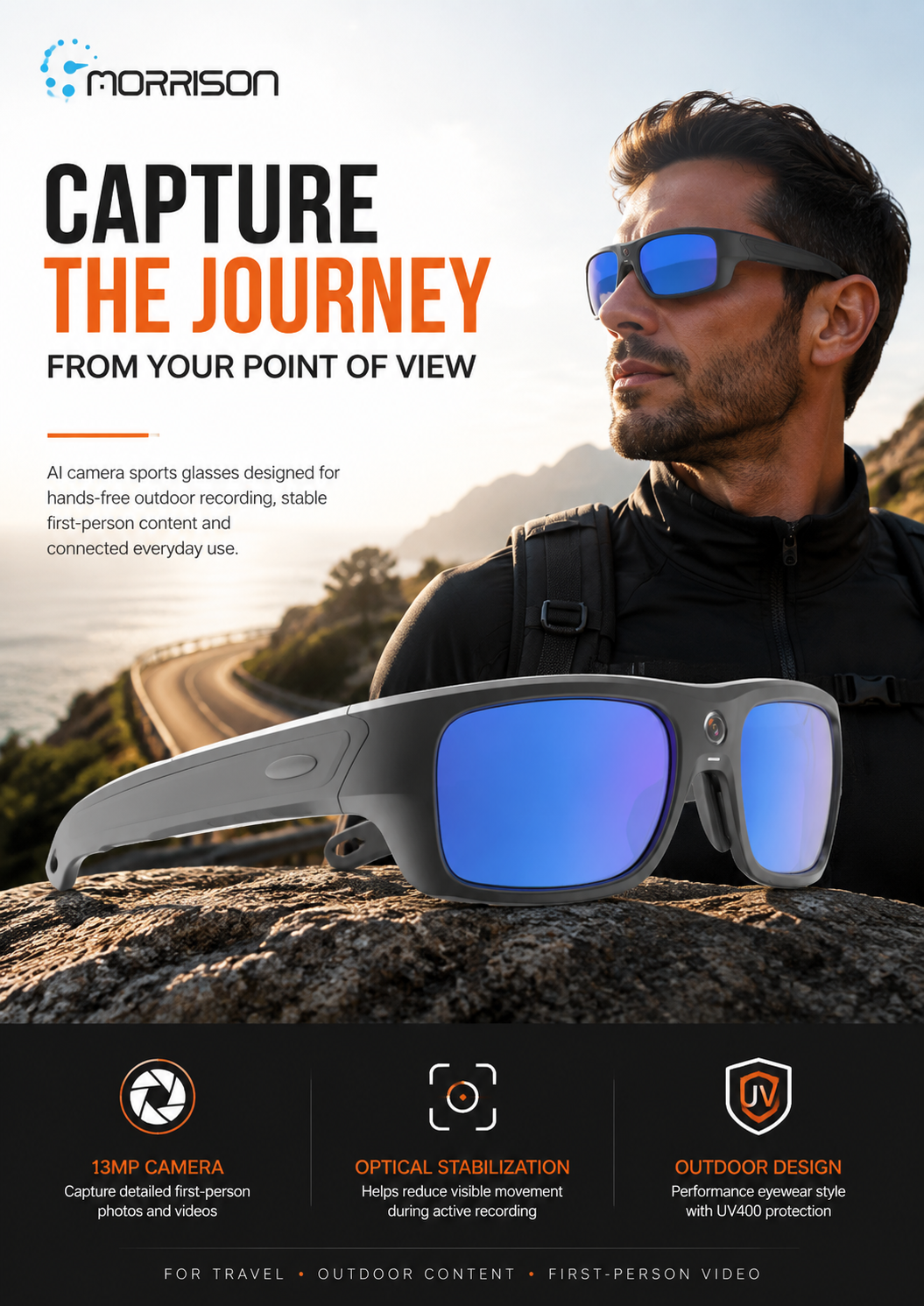 Morrison POV Shooting AI Smart Glasses with 13MP Camera, OIS, AI Voice and WiFi Transfer