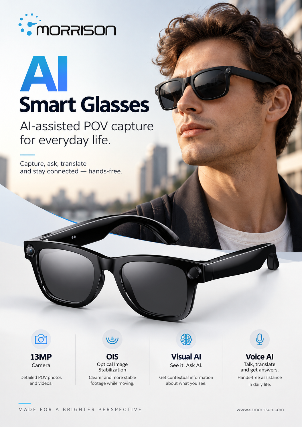 Morrison POV Shooting AI Smart Glasses with 13MP Camera, AI Voice Assistant, Translation & WiFi Transfer