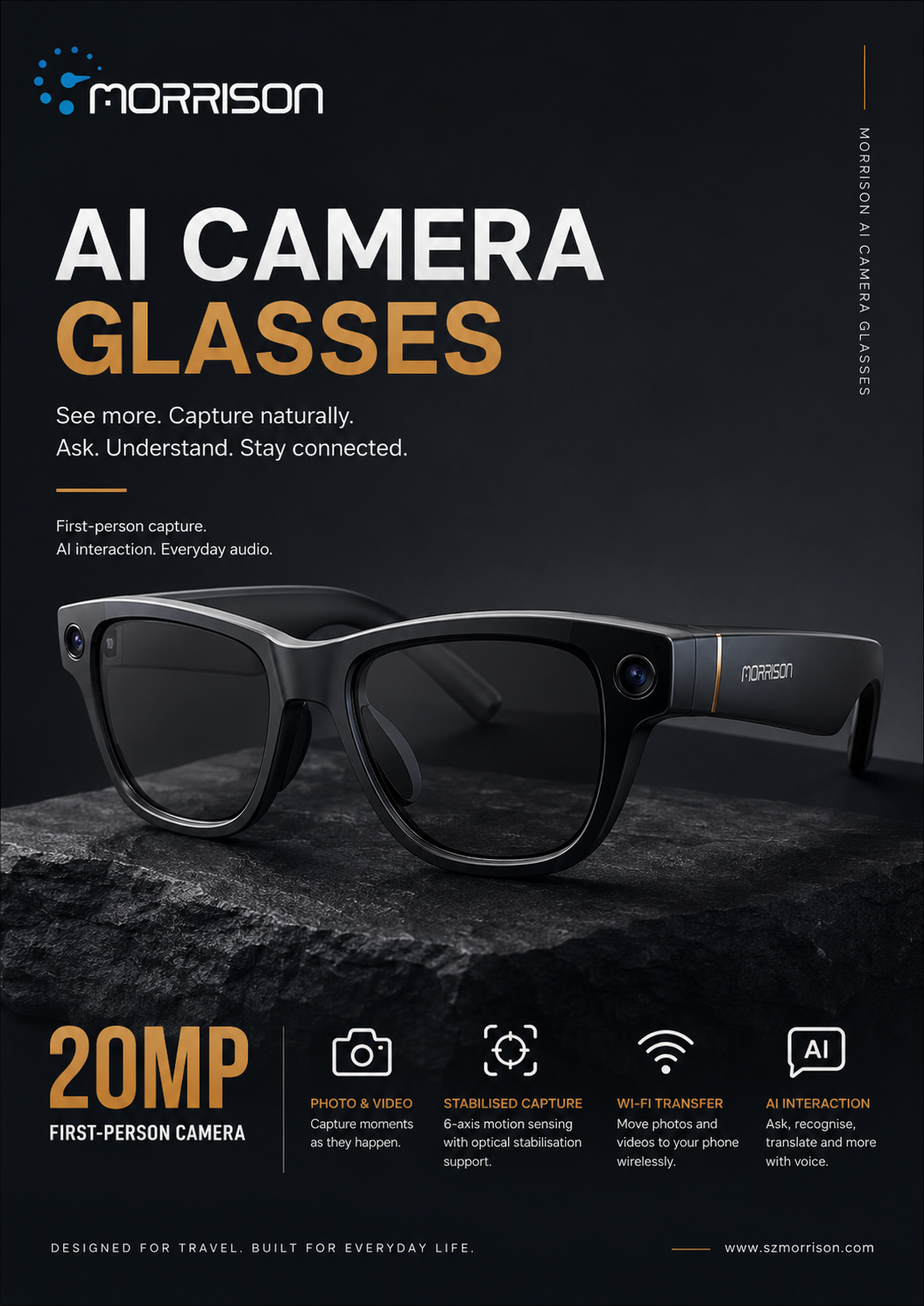 Morrison AI Smart Glasses with 20MP Camera, POV Shooting, AI Translation & Bluetooth Calling