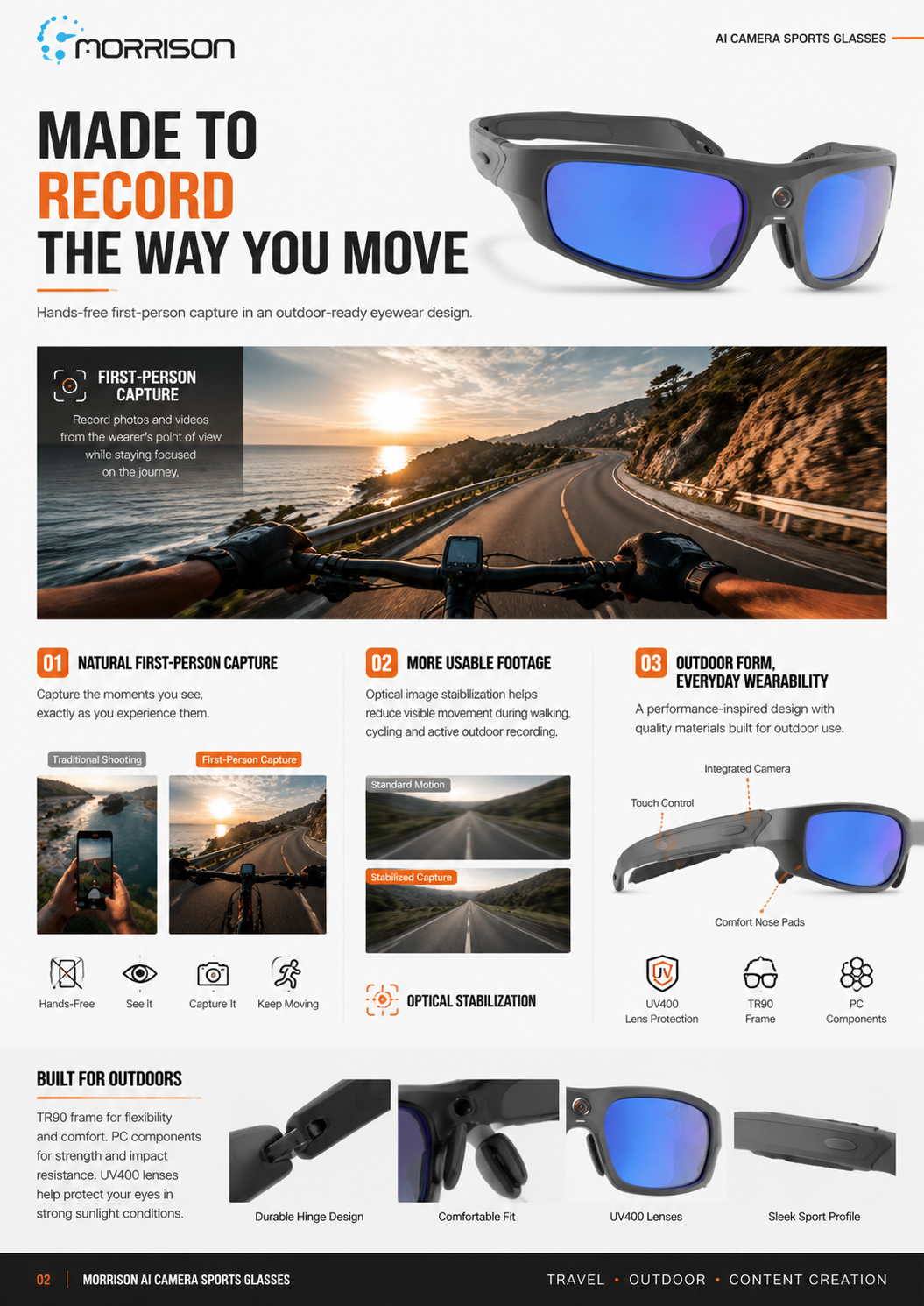Morrison POV Shooting AI Smart Glasses with 13MP Camera, OIS, AI Voice and WiFi Transfer