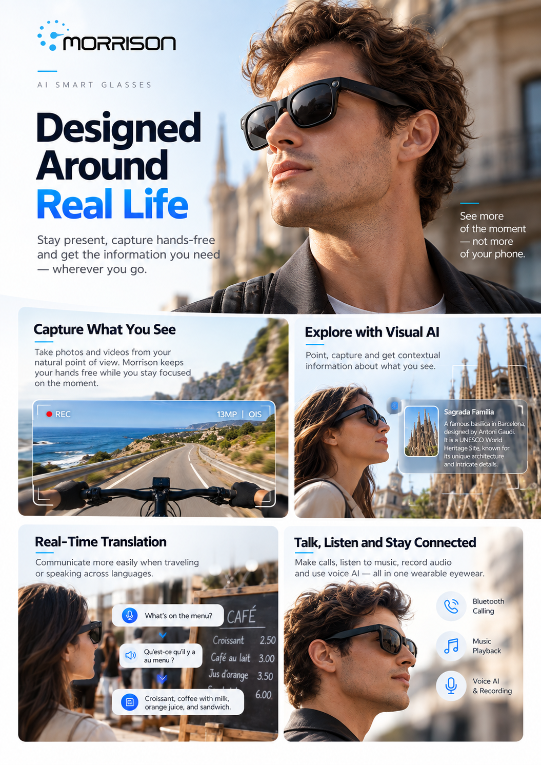 Morrison POV Shooting AI Smart Glasses with 13MP Camera, AI Voice Assistant, Translation & WiFi Transfer