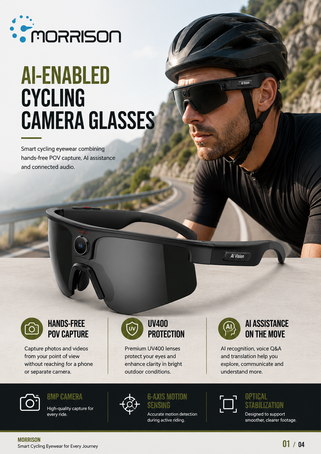Morrison AI POV Shooting Smart Glasses with 8MP Camera, AI Translation, Wi-Fi Transfer & ENC Calls
