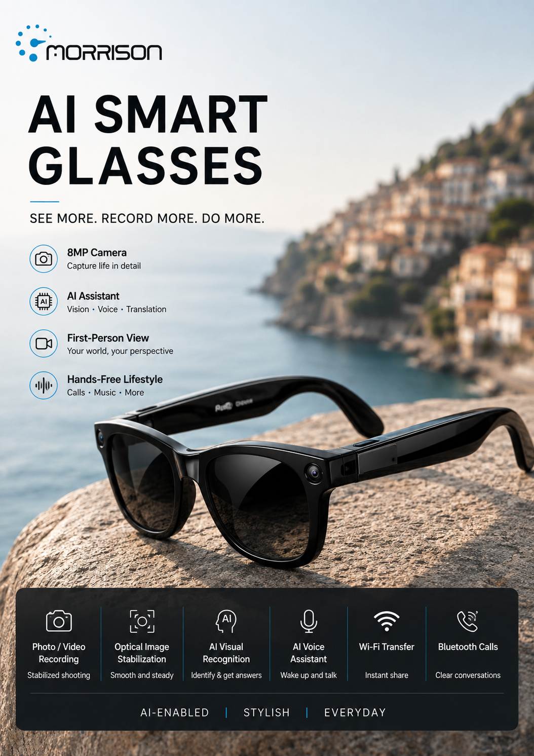 Morrison 8MP POV Shooting AI Smart Glasses with OIS, AI Voice, Translation & WiFi Transfer