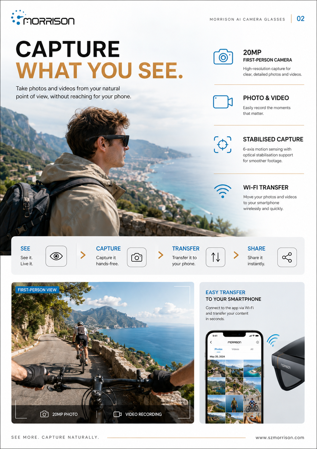 Morrison AI Smart Glasses with 20MP Camera, POV Shooting, AI Translation & Bluetooth Calling
