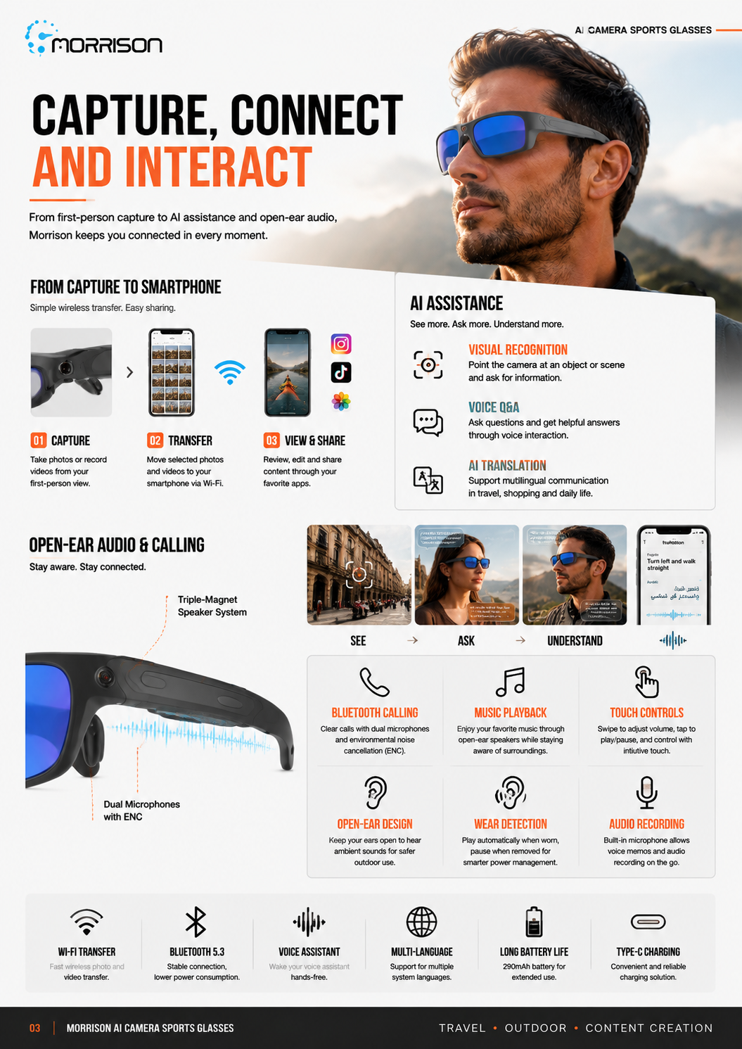 Morrison POV Shooting AI Smart Glasses with 13MP Camera, OIS, AI Voice and WiFi Transfer