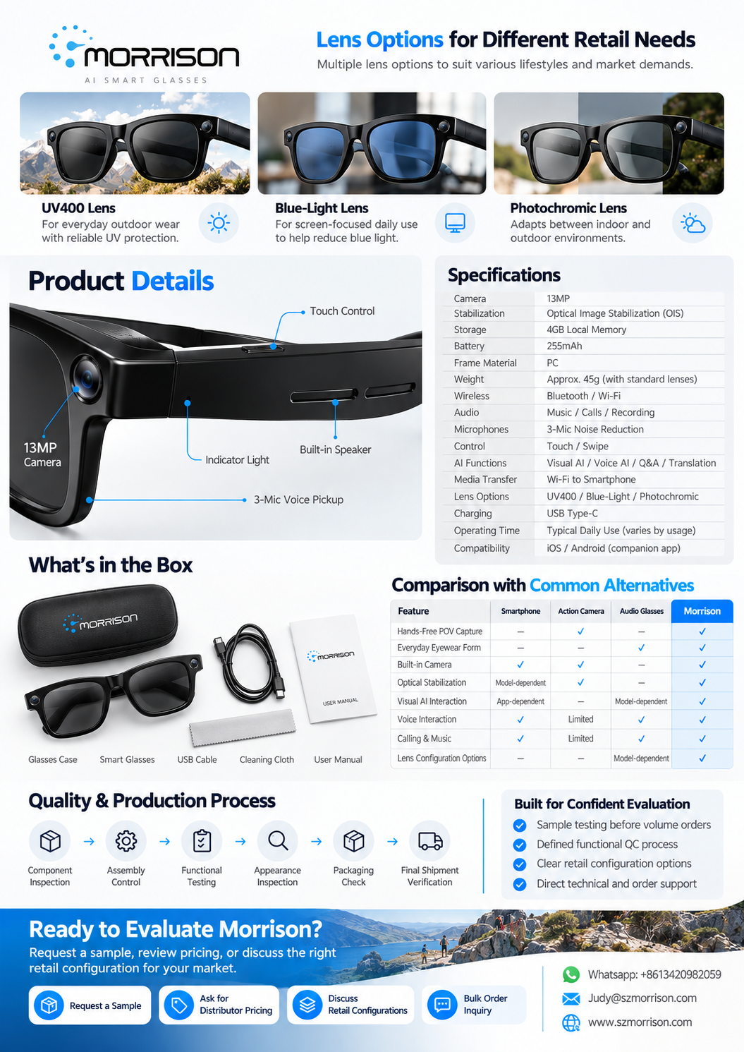 Morrison POV Shooting AI Smart Glasses with 13MP Camera, AI Voice Assistant, Translation & WiFi Transfer