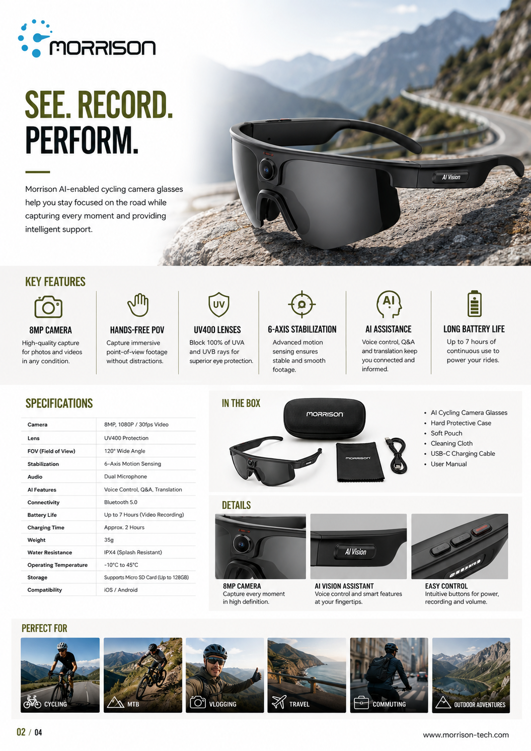 Morrison AI POV Shooting Smart Glasses with 8MP Camera, AI Translation, Wi-Fi Transfer & ENC Calls