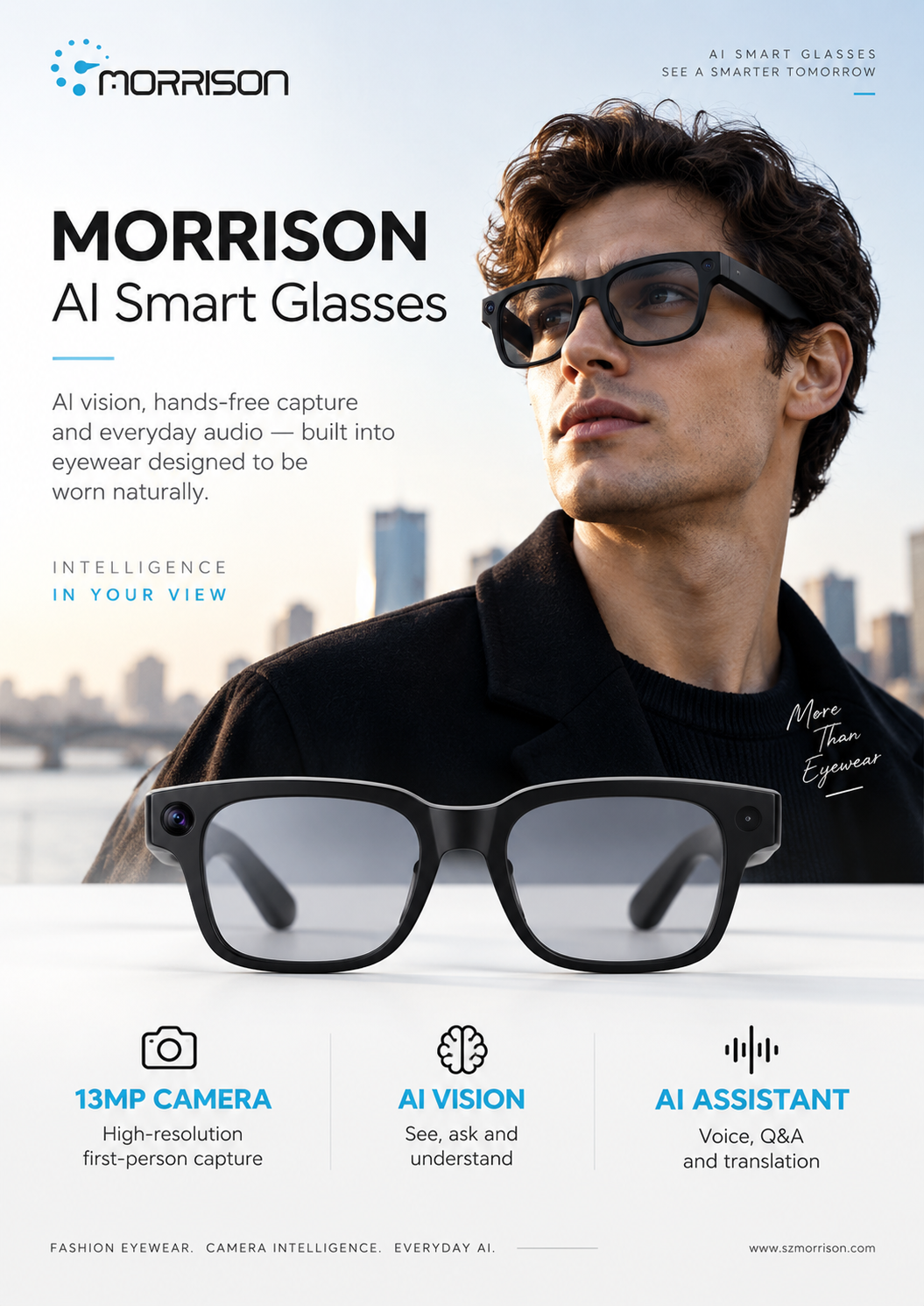 Morrison POV Shooting AI Smart Glasses 13MP Camera with OIS, AI Translation, WiFi Transfer & ENC Calls