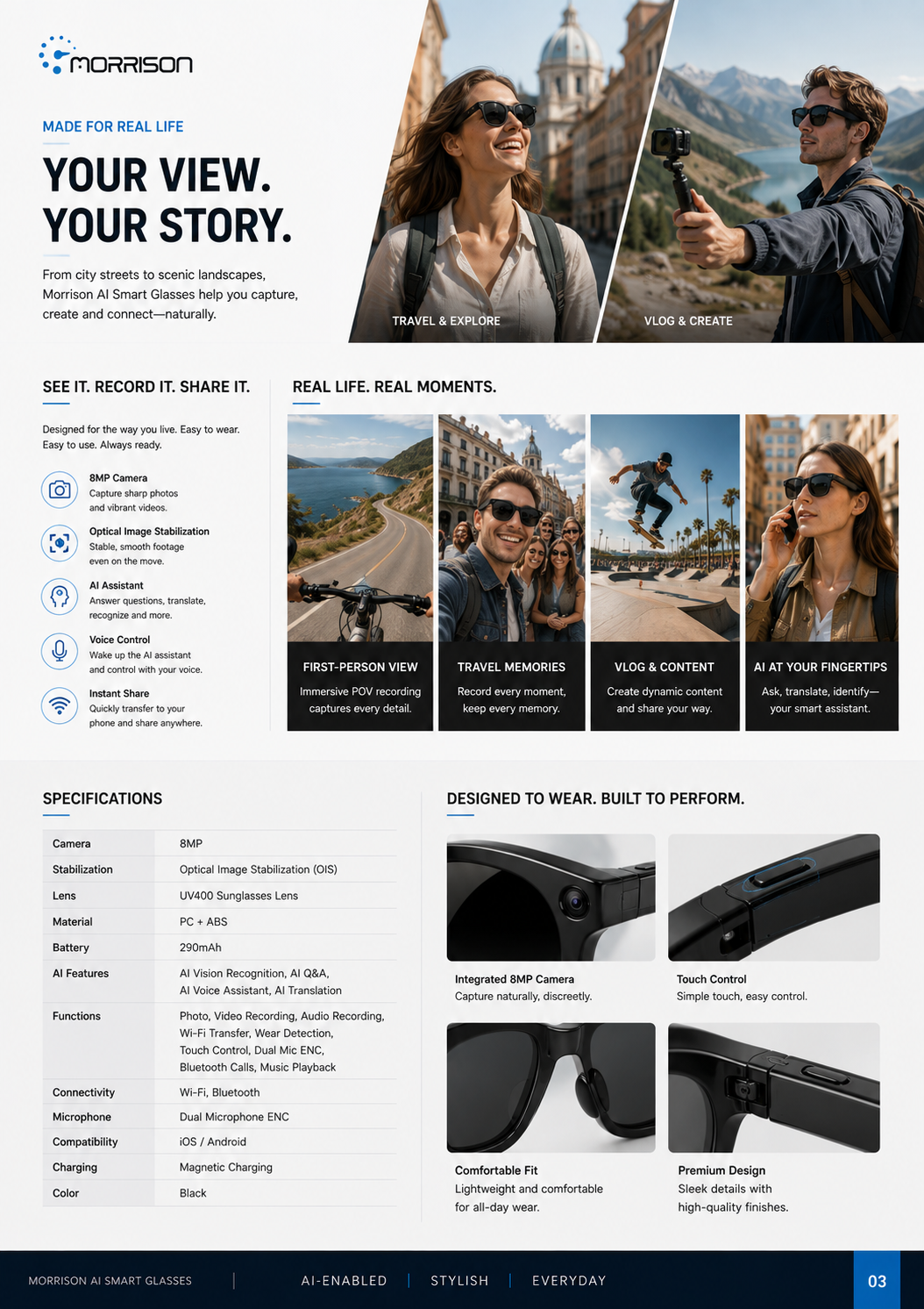 Morrison 8MP POV Shooting AI Smart Glasses with OIS, AI Voice, Translation & WiFi Transfer